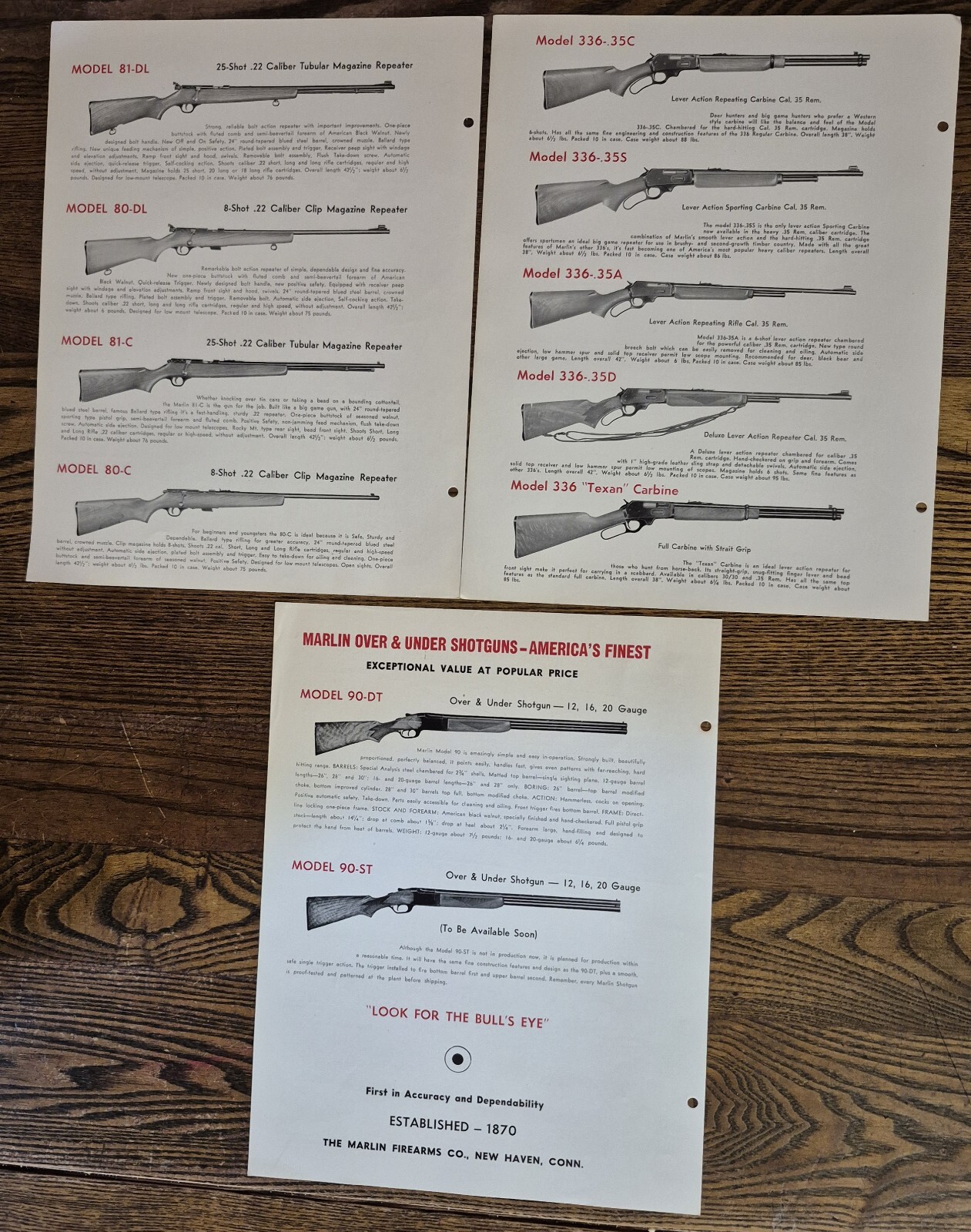 1952 Marlin Gun Rifle Shotgun 3 Catalogue Pages Double Sided Ads 336 90-DT 39-A