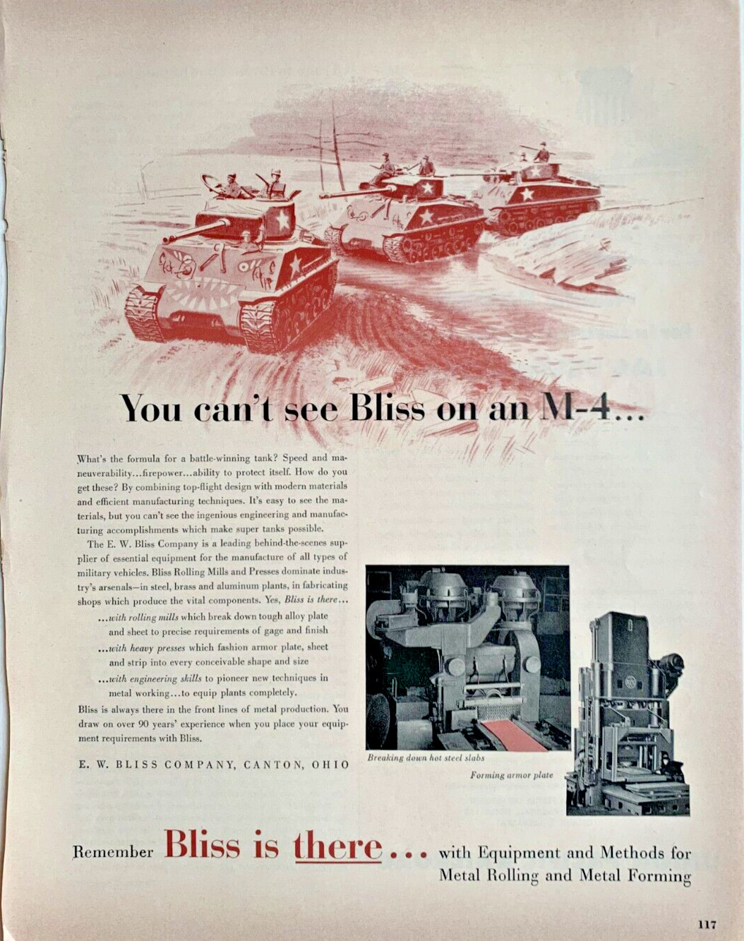 1951 E W Bliss Co Canton OH Print Ad 13″x10″ U S Army M-4 Tanks Patrol