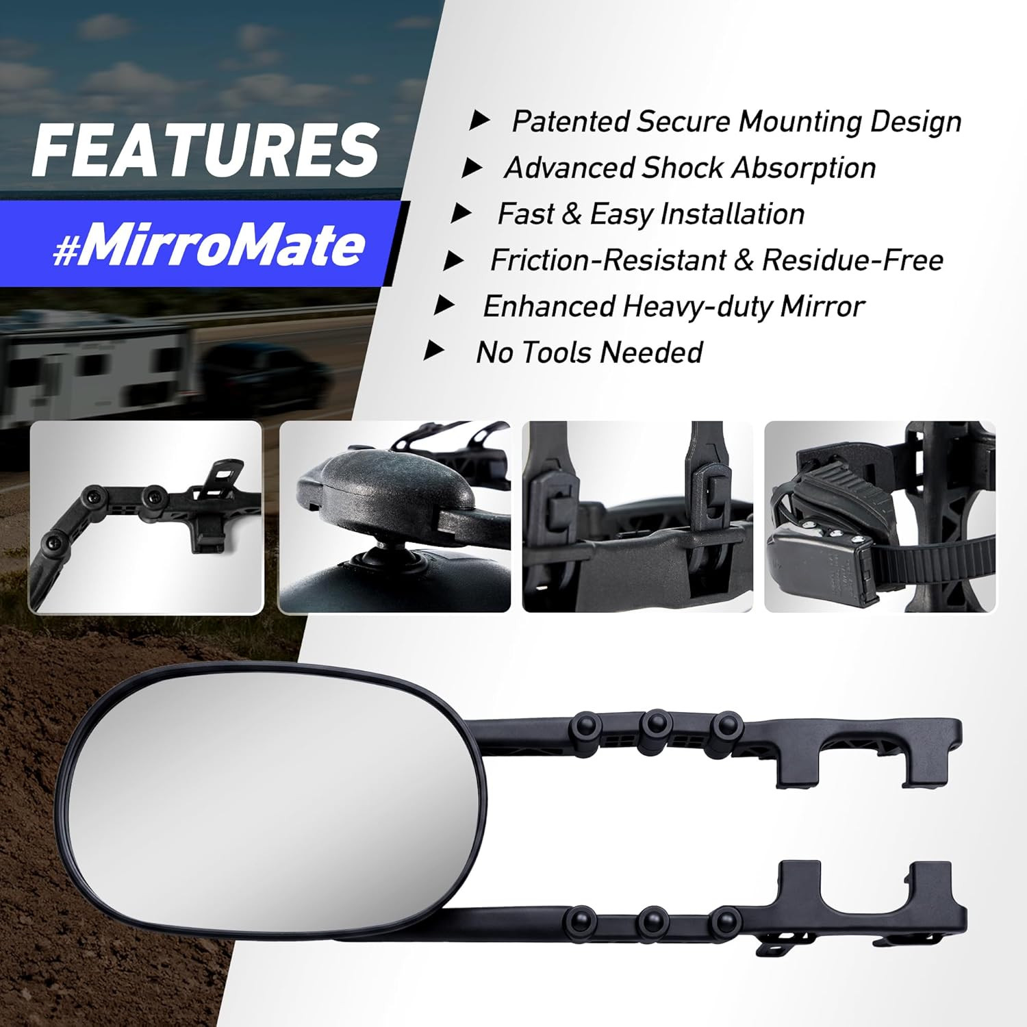 Extended Towing Mirrors, Adjustable Clip-On Tow Mirror Extenders with Removable