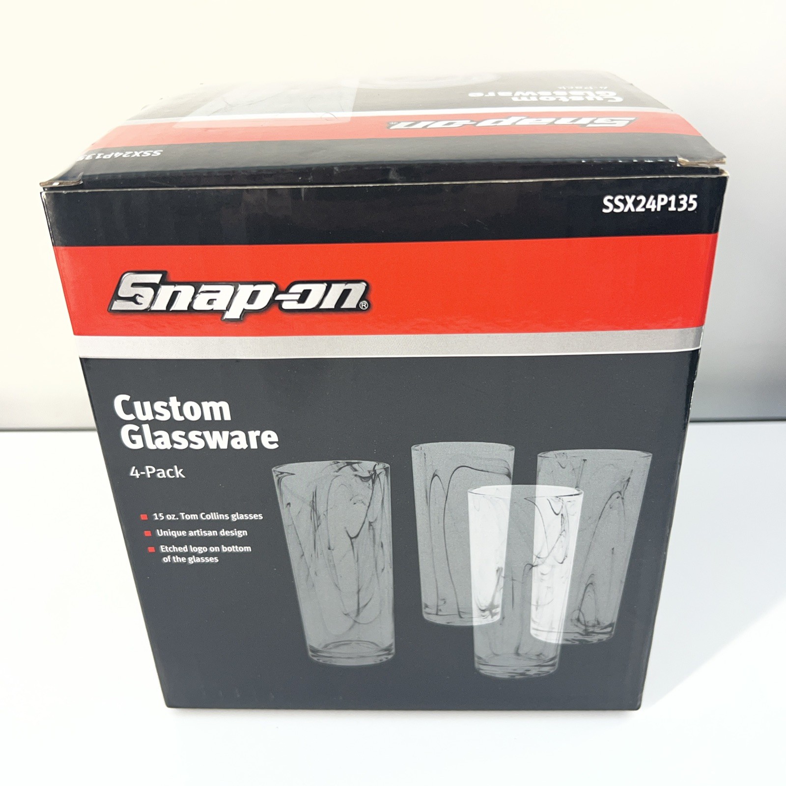 4 Piece Snap-On 15oz Glassware Set Brand New Black Swirl Clear Glass SSX24P135