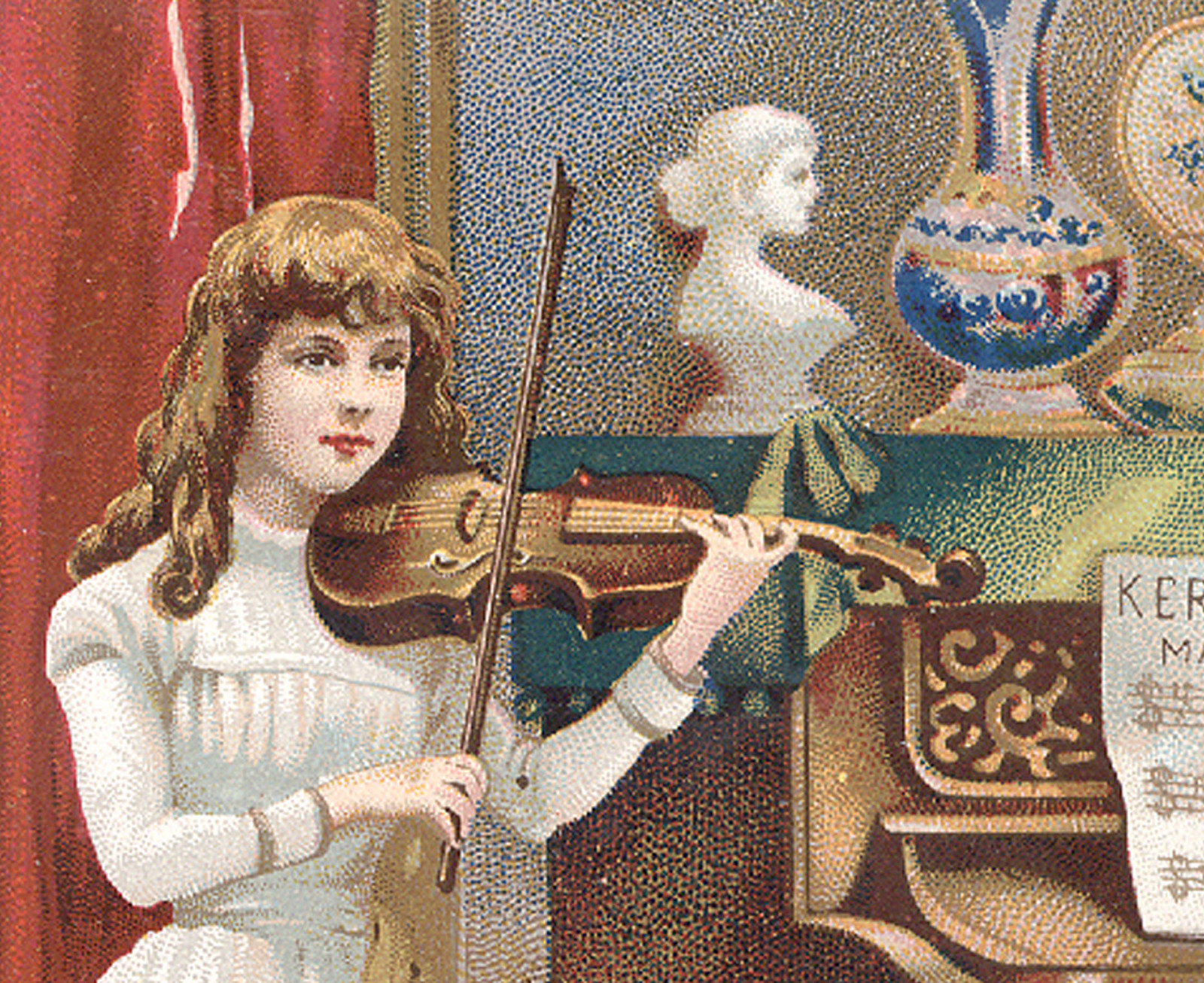 1880s KERR’S SPOOL COTTON THREAD TRADE CARD, PRETTY VIOLINIST & SAILOR BOY Z692