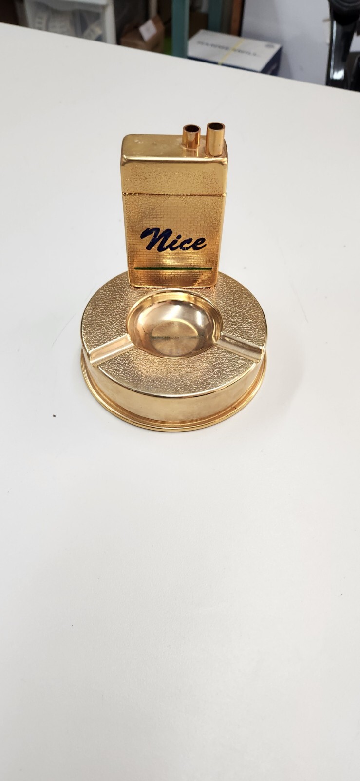 Vintage American Tobacco Company Gold NICE Brand Ash Tray & Cigarette Holder HTF