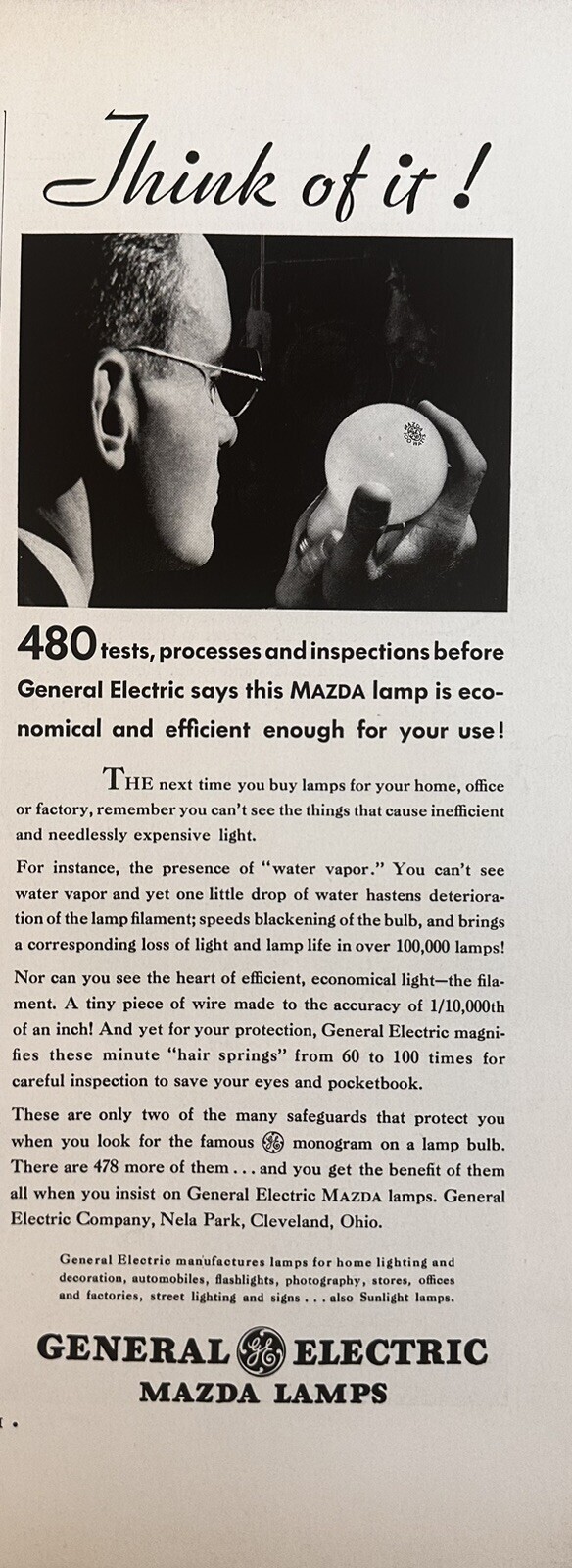 1934 Mazda Lamps Print Ad, General Electric G.E. Advertisement “Think Of It”