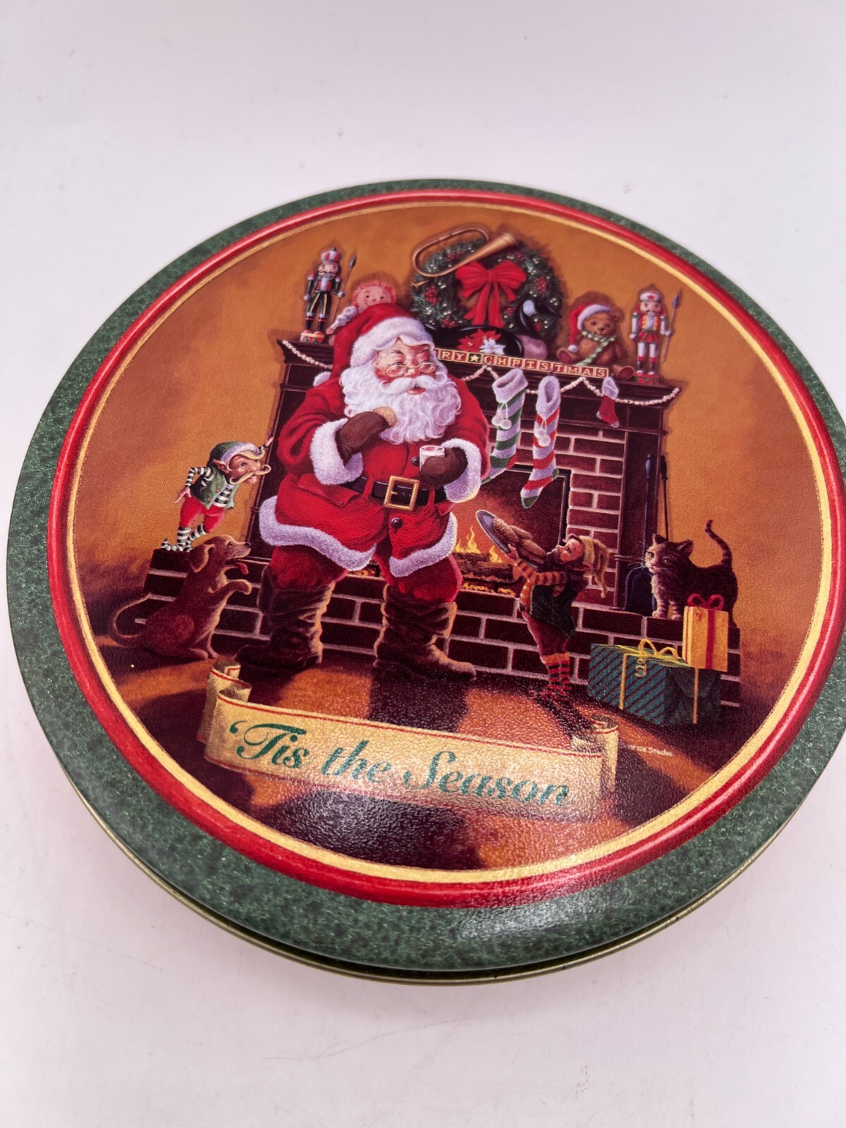 1994 Tis The Season Christmas Tin Santa Eating Cookies Sunrise Studio