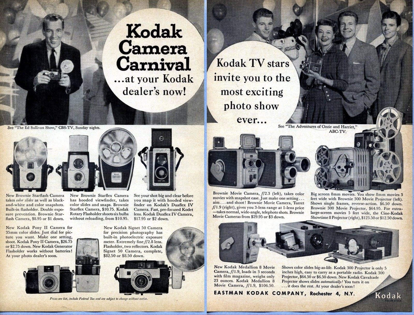1958 Vintage Magazine 2 Page Ad Kodak Cameras Ed Sullivan Ozzie & Harriet