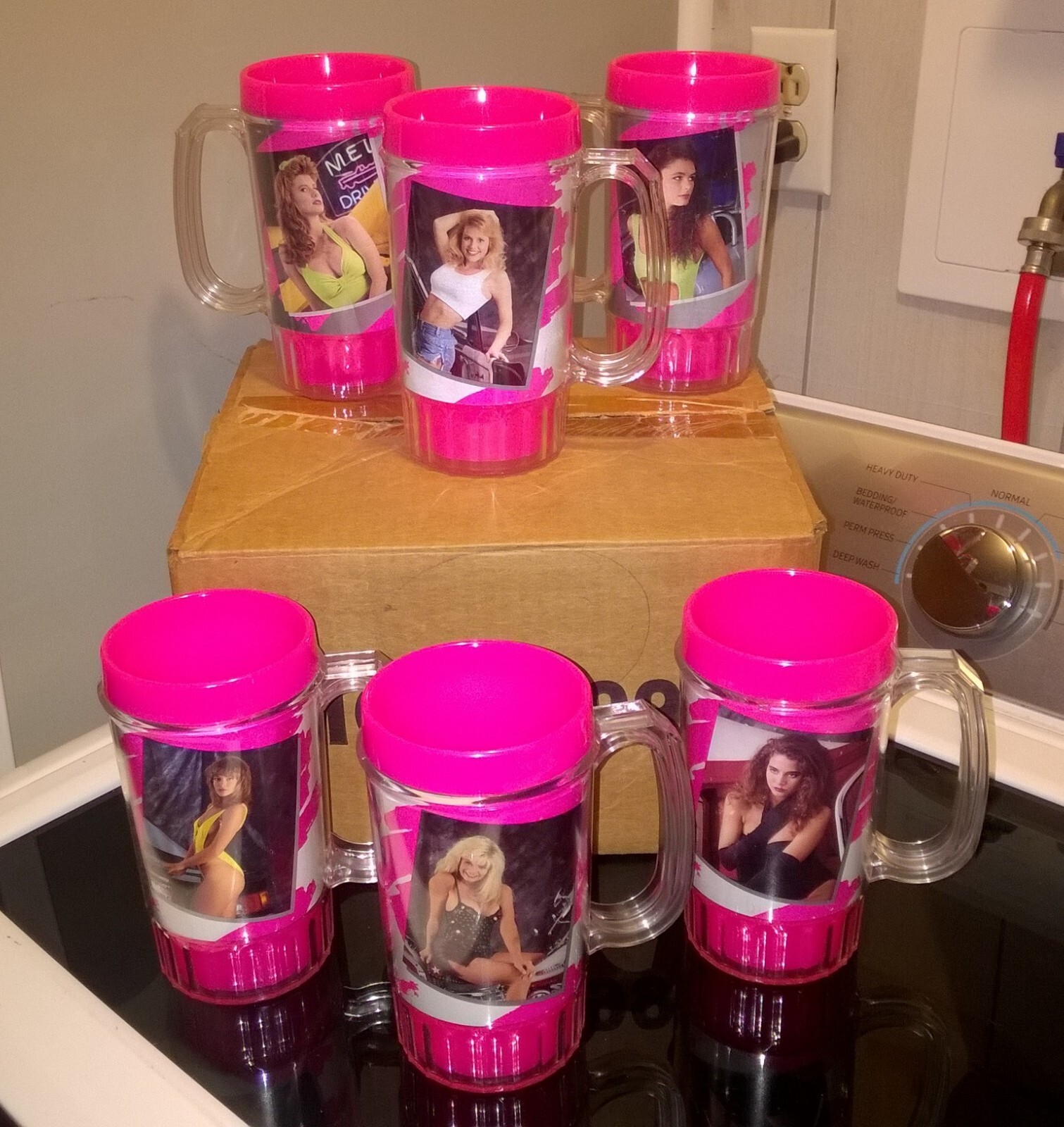 1992 Matco Tools plastic Cups Mugs Pin Up Girls 6 hot pink sexy ladies beverage