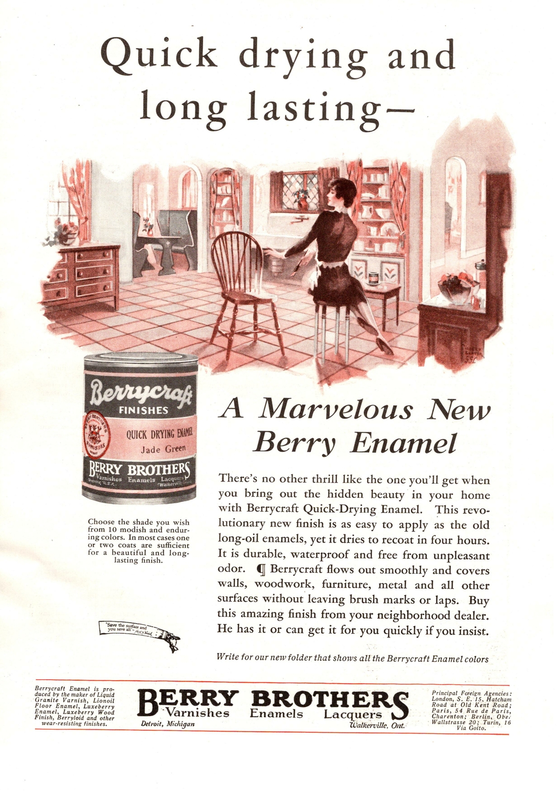1929 Berry Brothers Detroit MI & Walkerville Ontario Berrycraft Enamel Print Ad