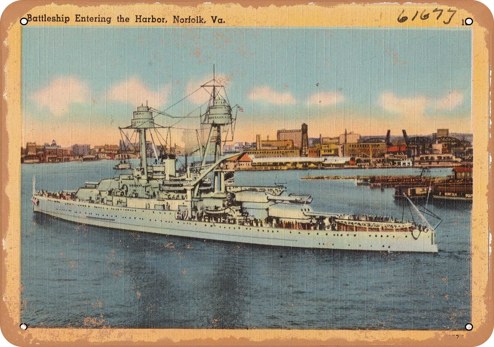 Metal Sign – Virginia Postcard – Battleship entering the harbor, Norfolk, Va.