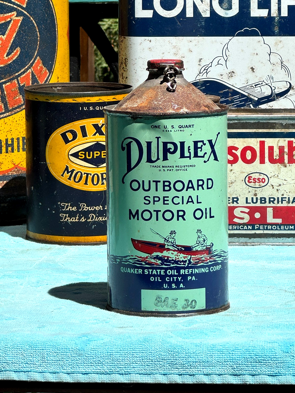 Vintage Rare Duplex Outboard Motor Oil cone can quart boat graphics gas gasoline