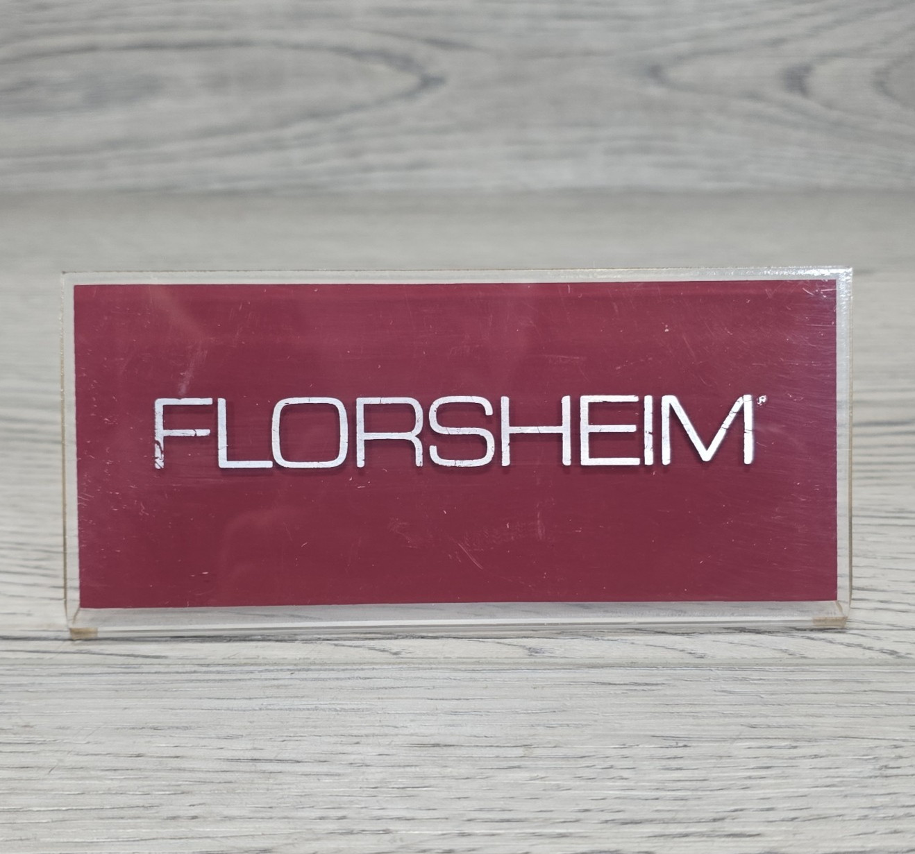 Vintage Florsheim Shoes Acrylic Countertop Sign Retail Display Prop 6″ Long