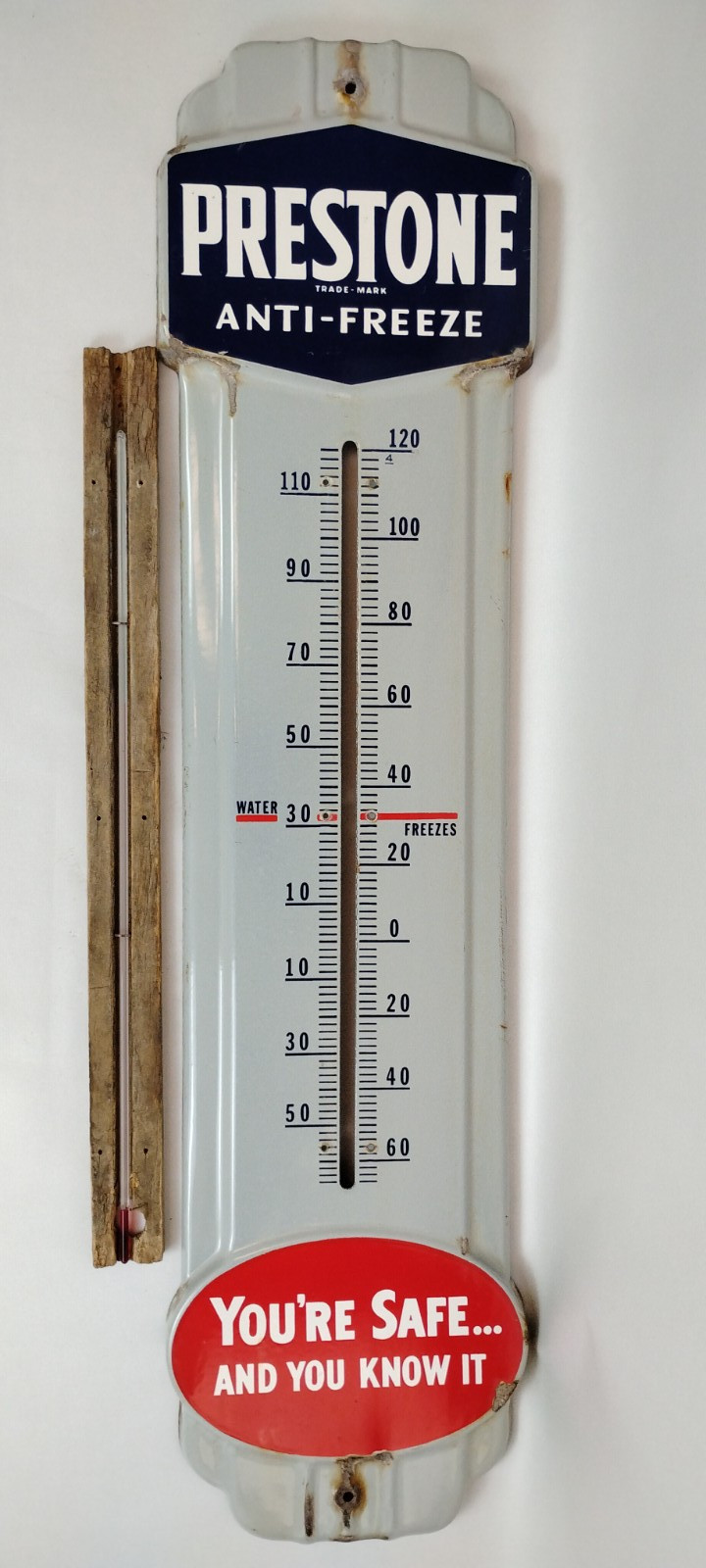 50s Prestone Anti Freeze Thermometer 36″ Porcelain & Metal WORKS Read Desc