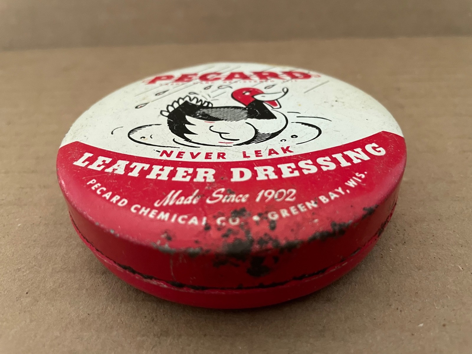 Vintage PECARD Leather Dressing Tin RUBBER DUCK Rain Chemical Co Green Bay WI #7