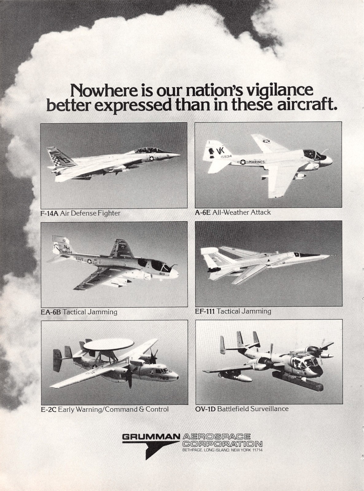 Grumman Aerospace F-14A EA-6B EF-111 E-2C OV-1D A-6E Jets 1970s Vtg Mag Print Ad