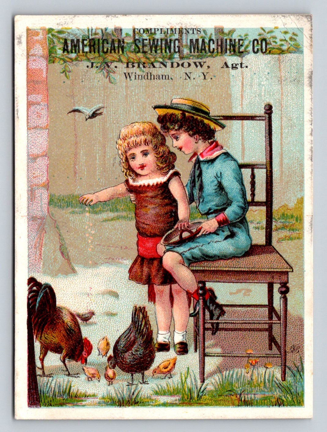 American Sewing Machine Girls Feed Chickens Chicks Brandow Trade Card P282