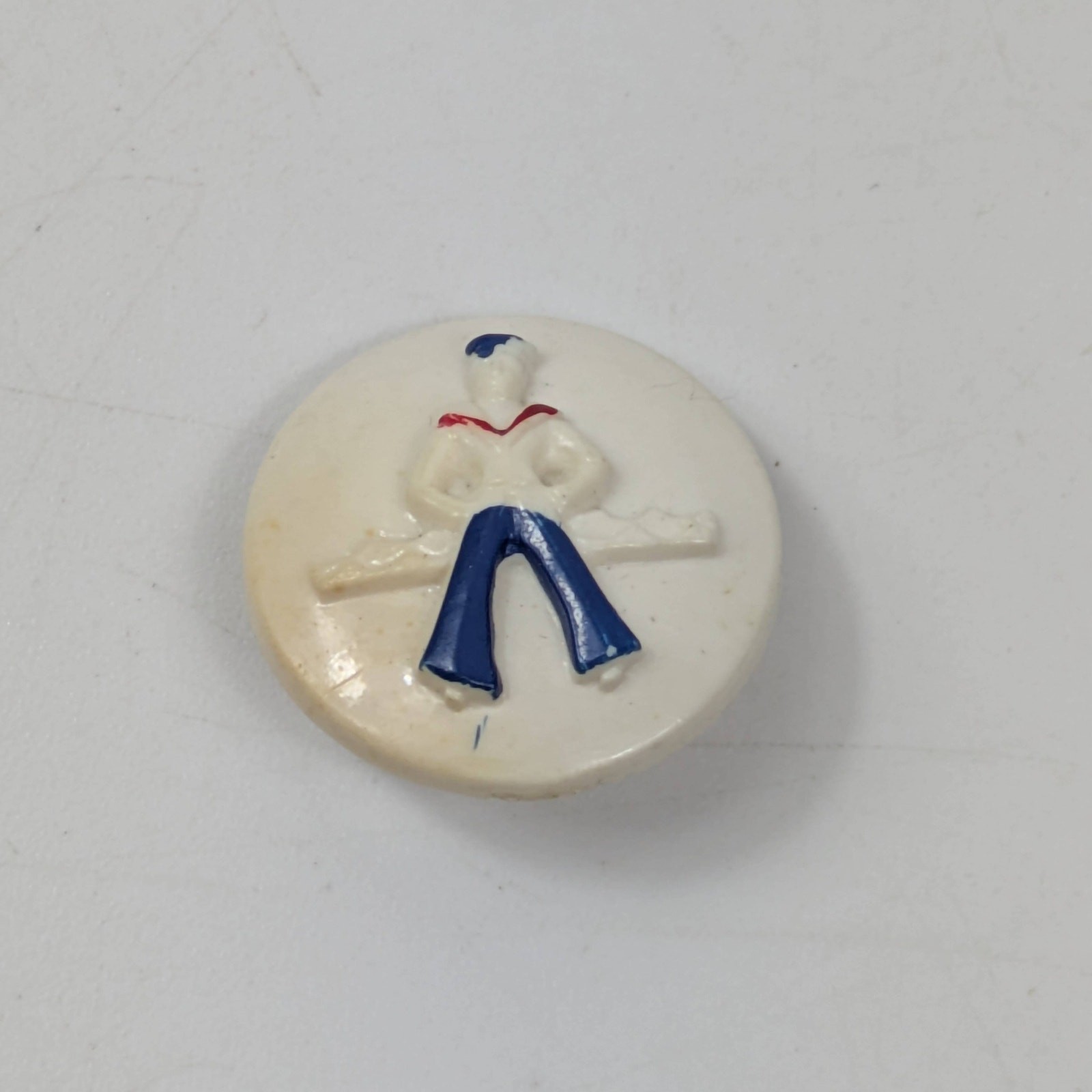 Vintage Celluloid Toy Button Sailor Figure Peg Back 1940s White Blue .75 Inch