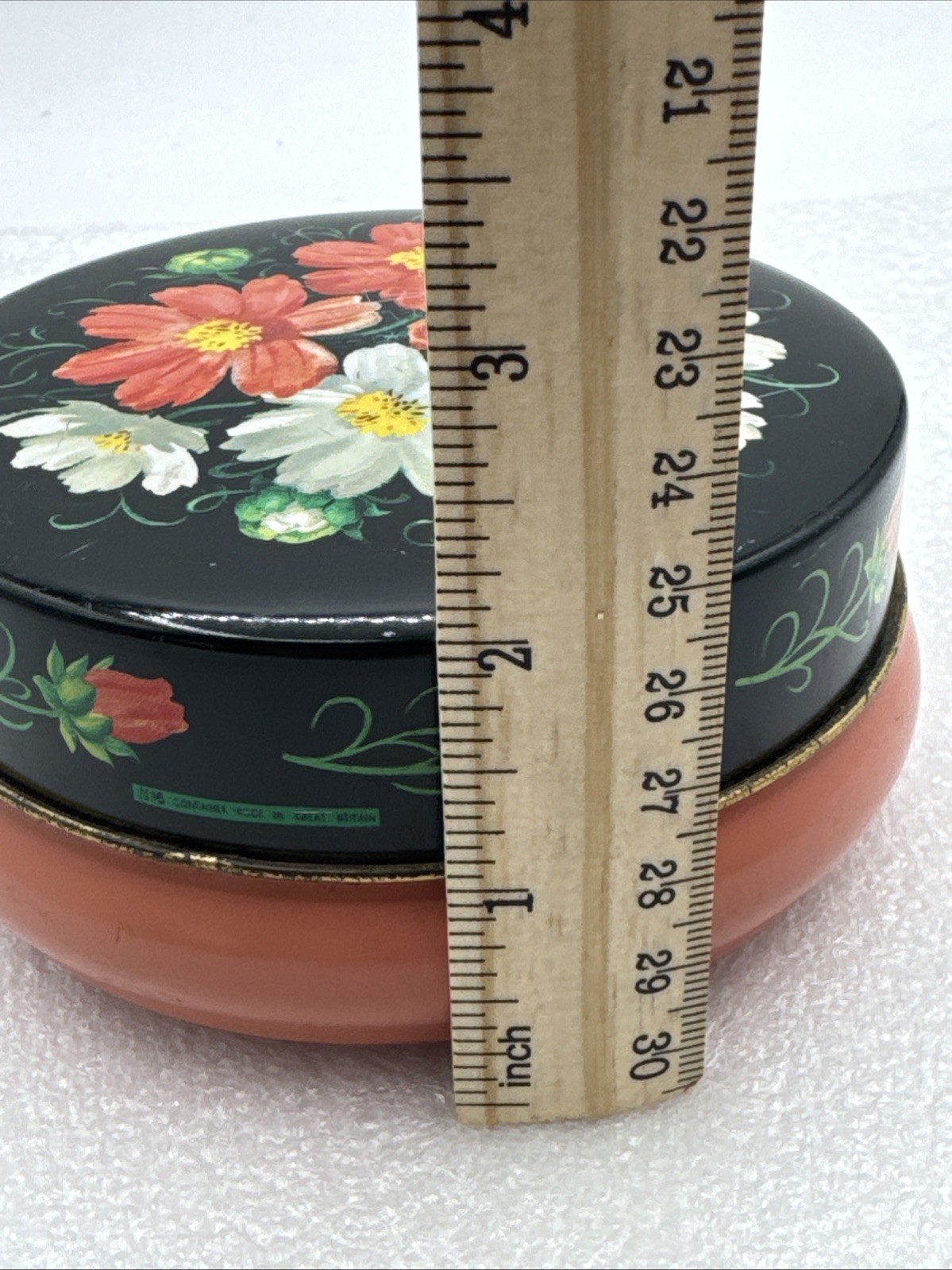 Vintage Riley’s Toffee Peach Round 4.75″ Floral Embossed Tin Container, England