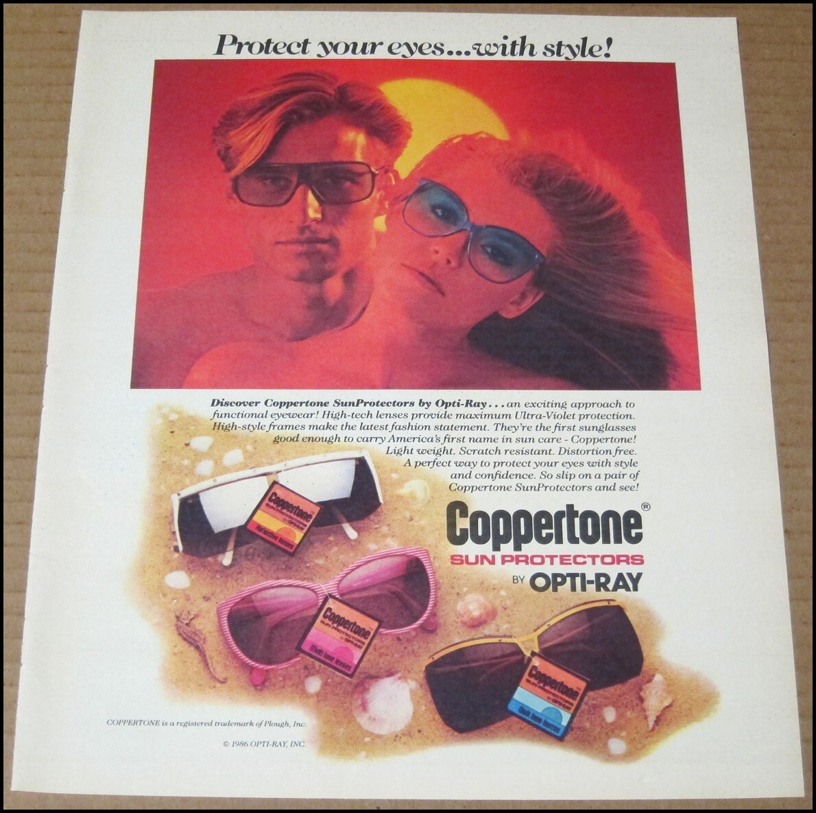 1986 Coppertone Sunglasses Print Ad Advertisement 10″ x 12″ Opti-Ray Vintage