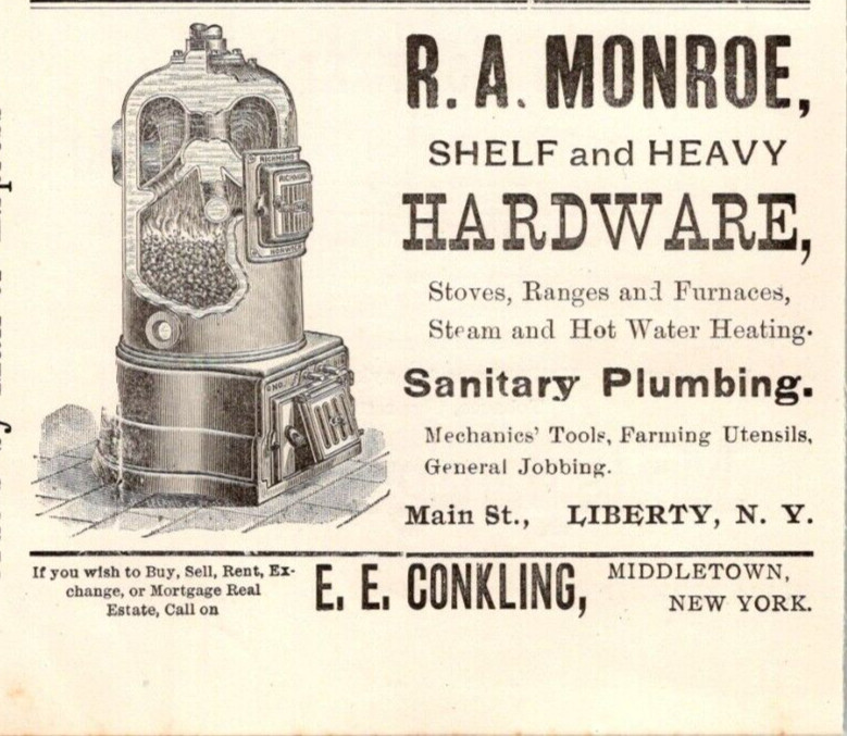 1900 R A MONROE SHELF AND HEAVY HARDWARE SANITARY PLUMBING STOVES LIBERTY NY