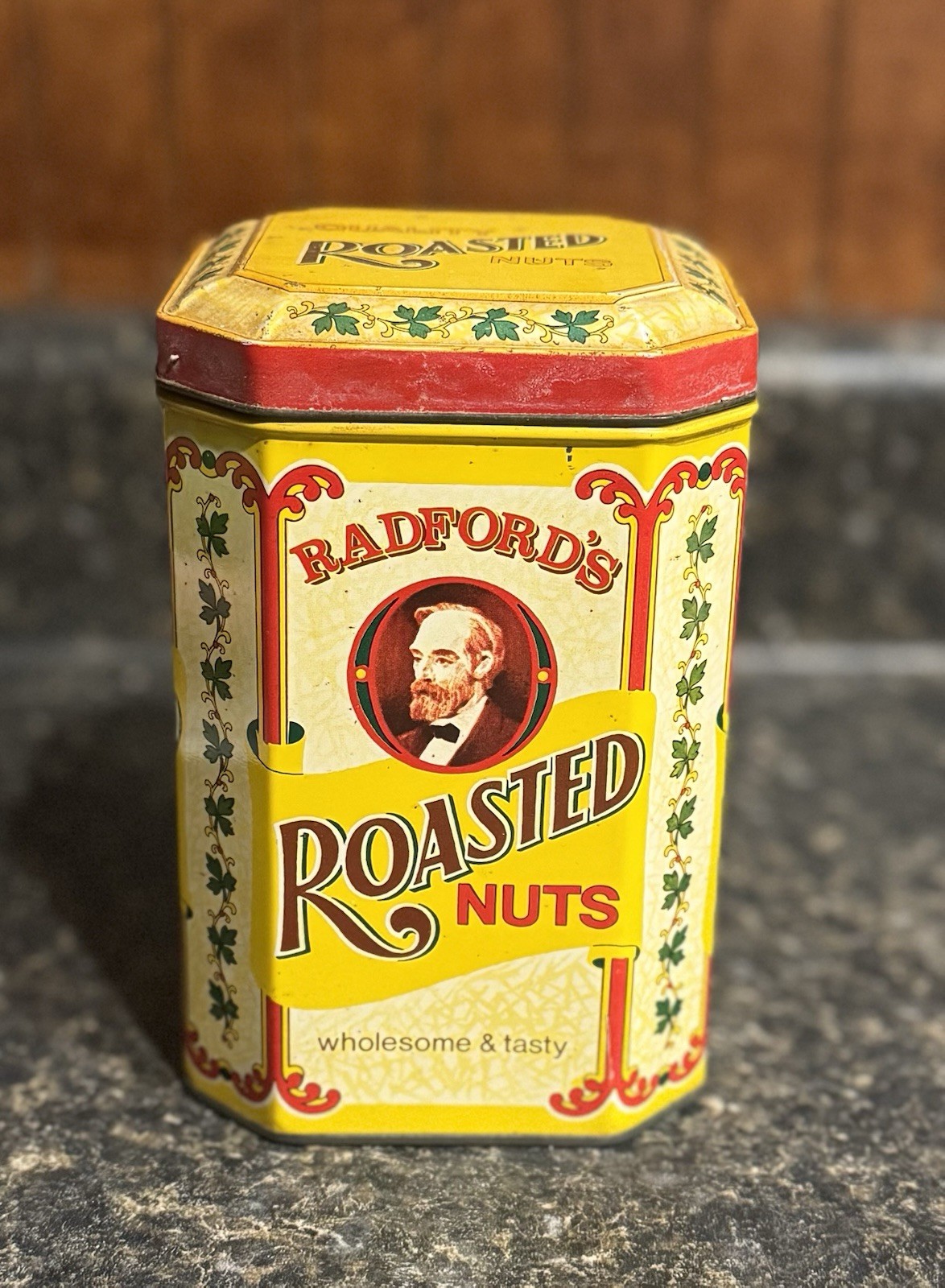 Vintage Yellow Tin Radford’s Roasted Nuts Weird Core Funny Decor