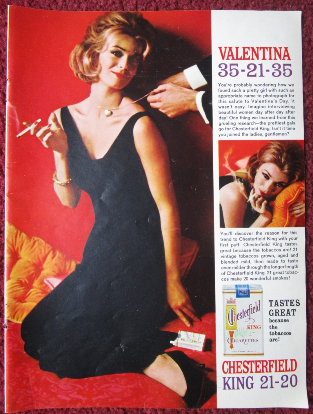1963 Chesterfield Cigarettes Tobacco Print Ad ~ Sexy Girl VALENTINA 35-21-35