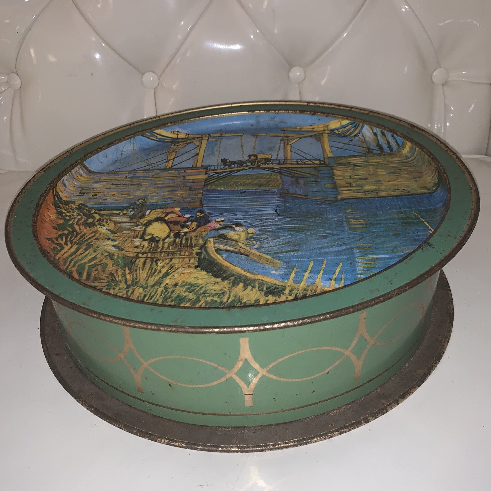 Vntg Vincent Van Gogh Landscape Large Round Tin Box From Sunshine Rare!