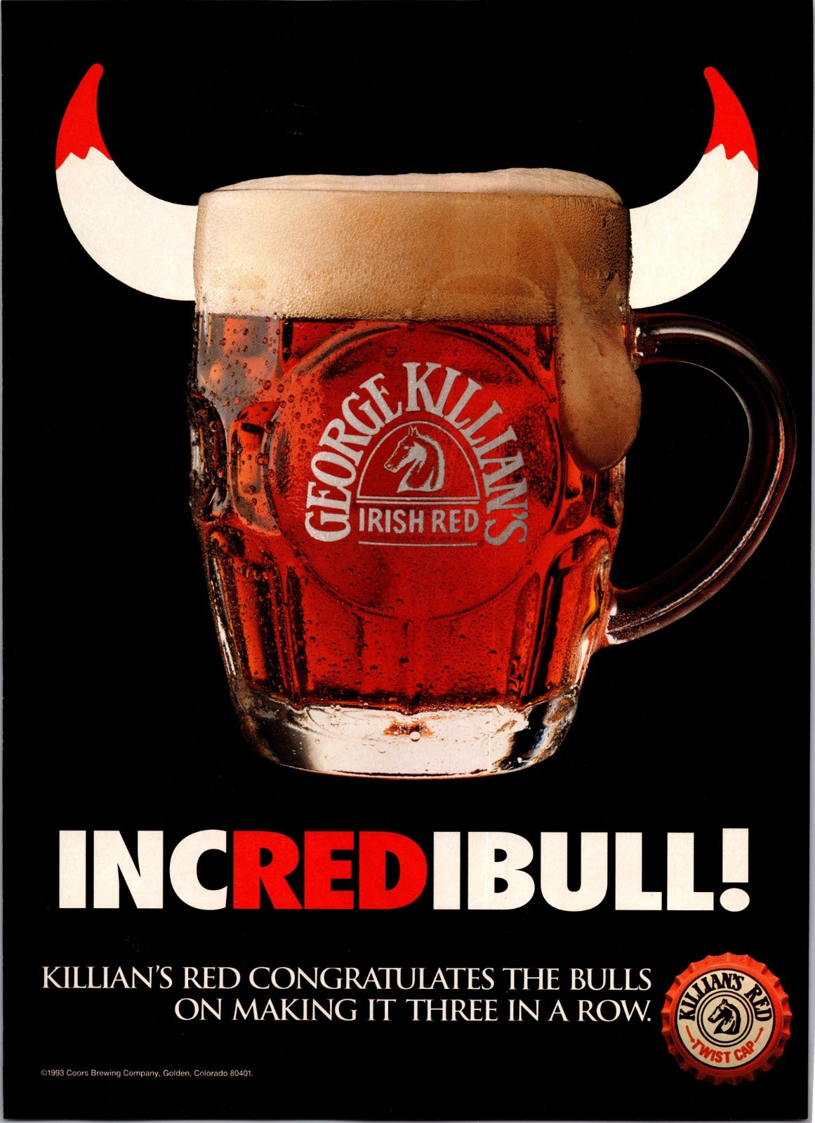 1993 George Killian’s Irish Red Chicago Bull Horns THREE in a Row VTG Print Ad