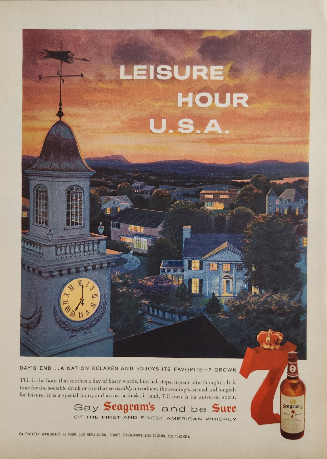 1958 Print Ad Seagram’s 7 Seven Crown American Whiskey USA Town at Duck