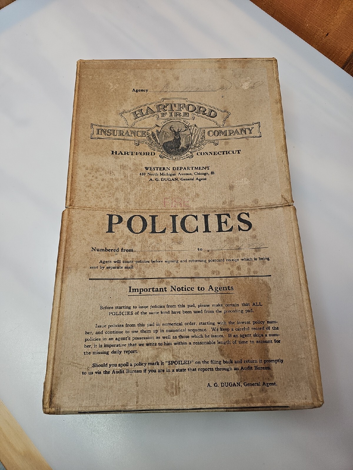 Hartford Fire Insurance Company Policy Box W/ Contents Chicago Illinois