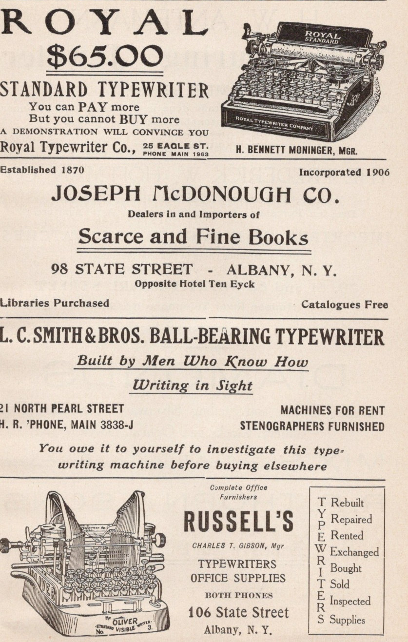 1906 Royal Typewriter L.C. Smith & Bro Typewriter Russel’s Albany NY Print Ad