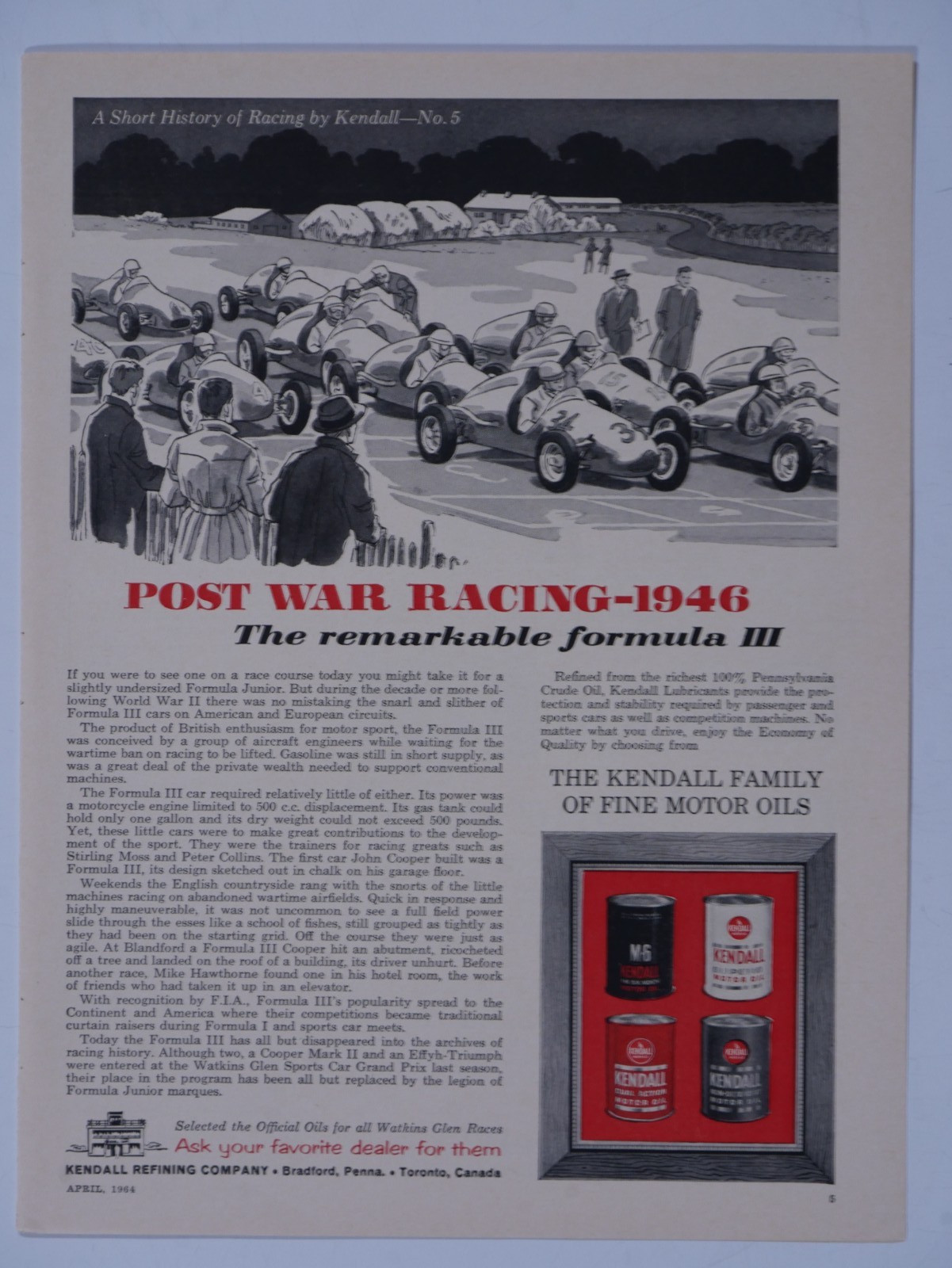 1964 Kendall Family Of Fine Oils Post War Racing 1946 Formula 3 Original Ad