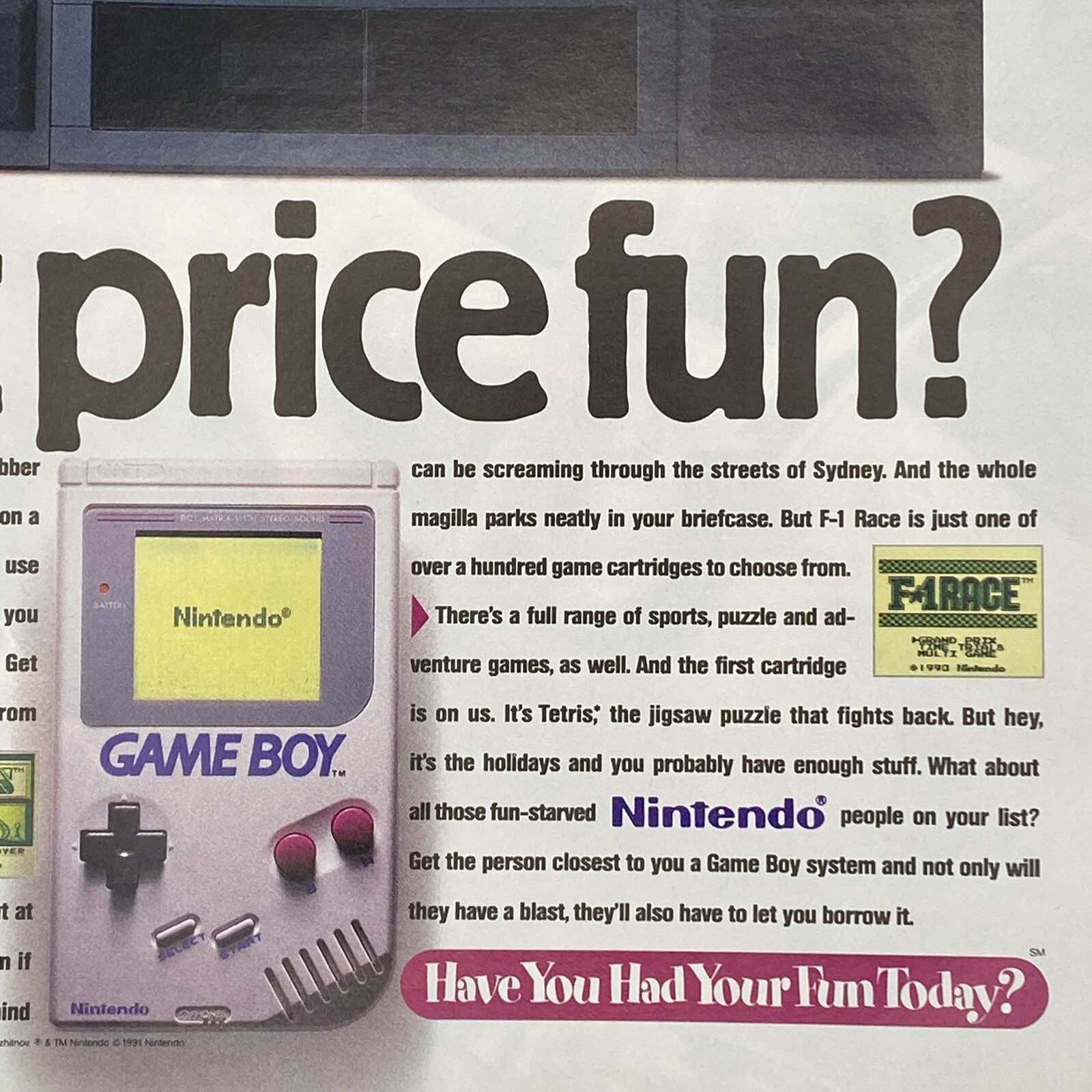 1991 Nintendo Game Boy Console PRINT AD Video Game What Price Fun Tetris Golf F1