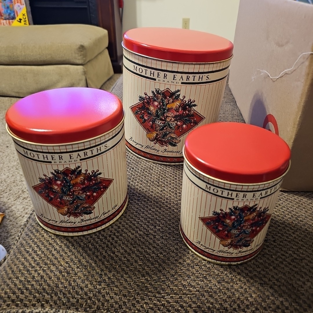 3 Vtg Christmas Tins Mother Earth’s Brand Bringing Holiday Goodness Since 1891