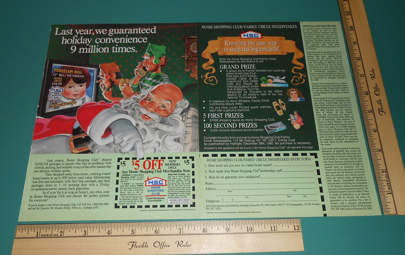 Vintage 1990 HSC Home Shopping Club Christmas Santa Elf Doll 2 Page Print Ad