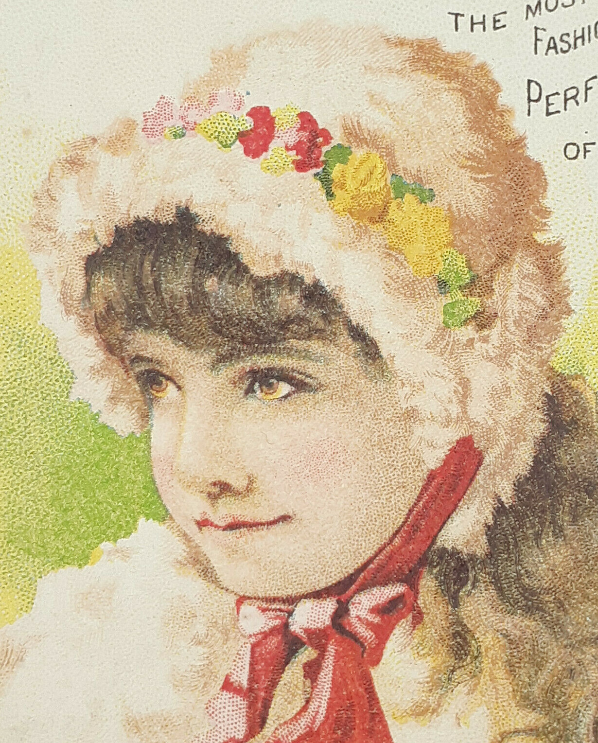 Victorian Trade Card Austens Forest Flower Cologne Girl Bonnet Cochran Mills PA