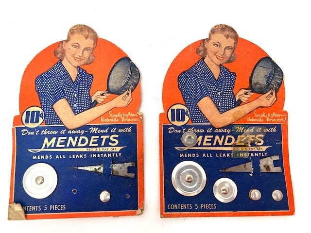 Mendets Pot & Pan Repair Kit Advertising Kitchen Antique Display Lot of Two