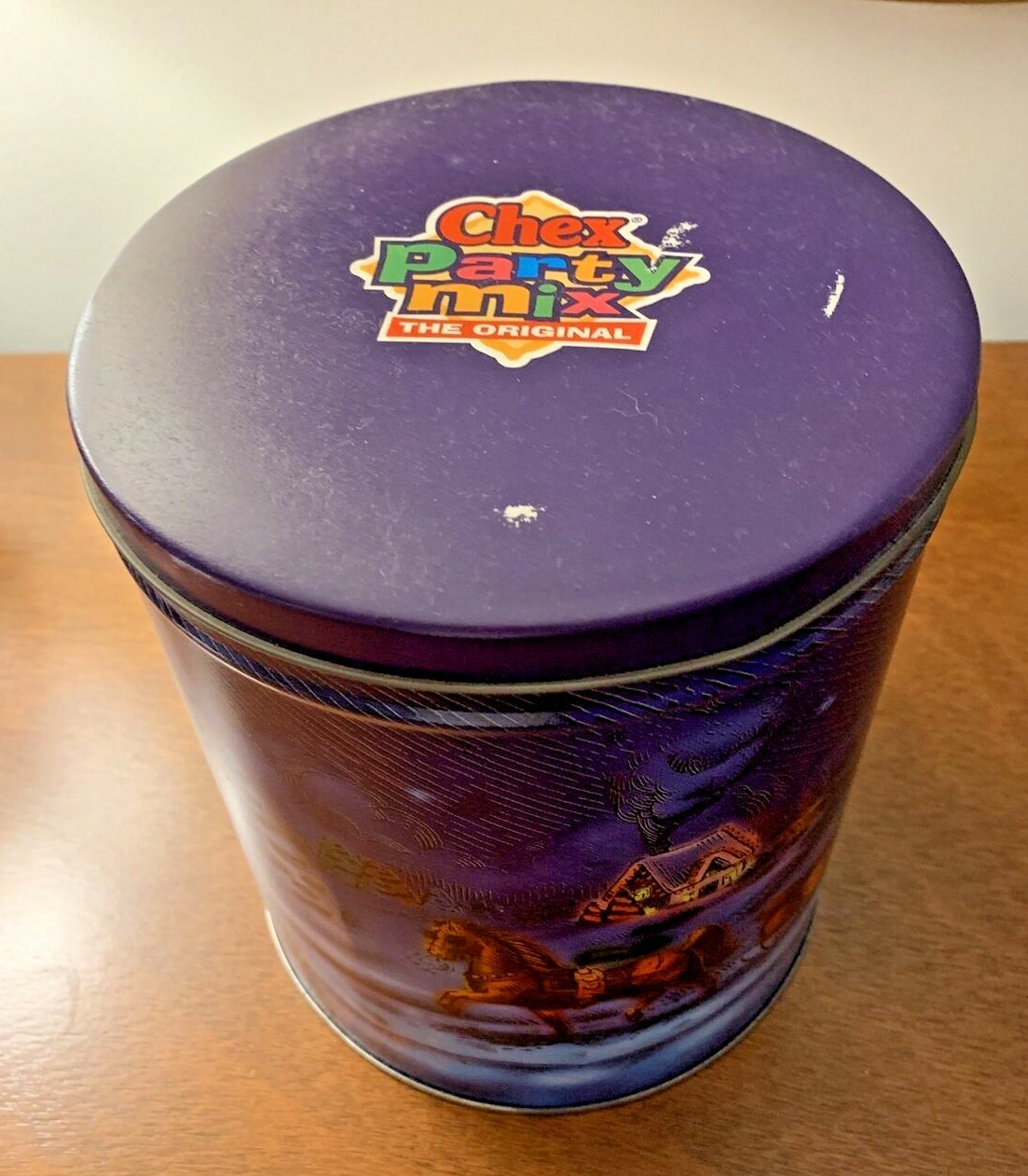 Vintage Chex Party Mix The original blue Christmas Tin Cylinder 6.5” Dia. 7.5” H