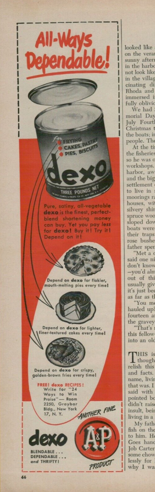 1951 Dexo Shortening Frying Cakes Pastry Pies Biscuits Recipes VINTAGE PRINT AD