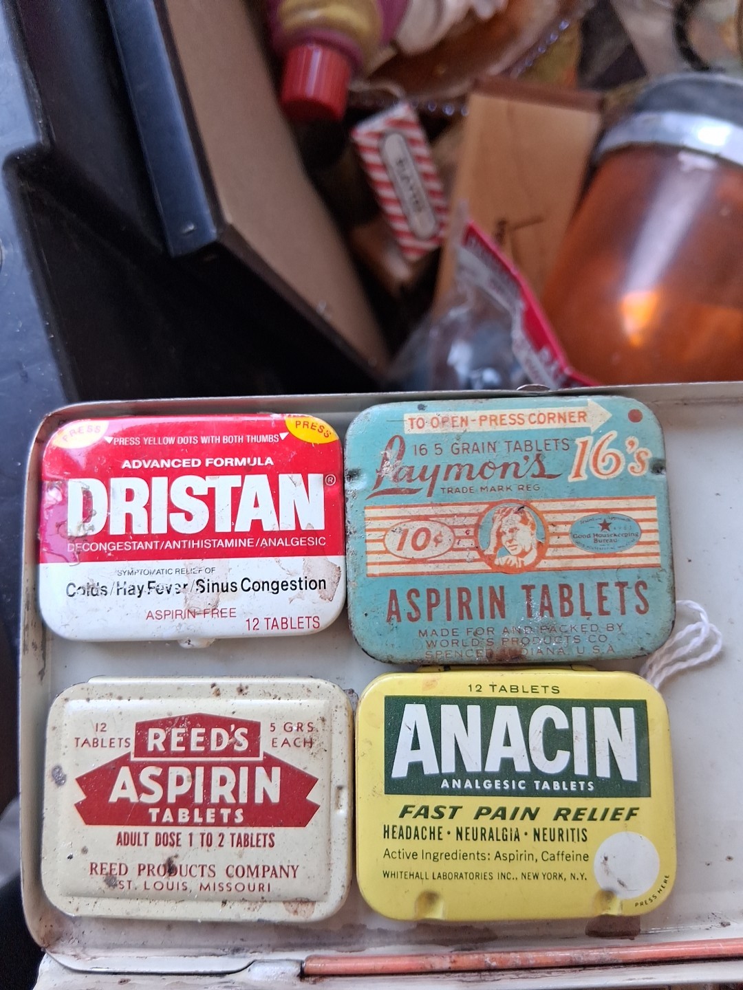 4 Vintage Medicine Tins : Anacin | Dristan | Laymons|Reeds