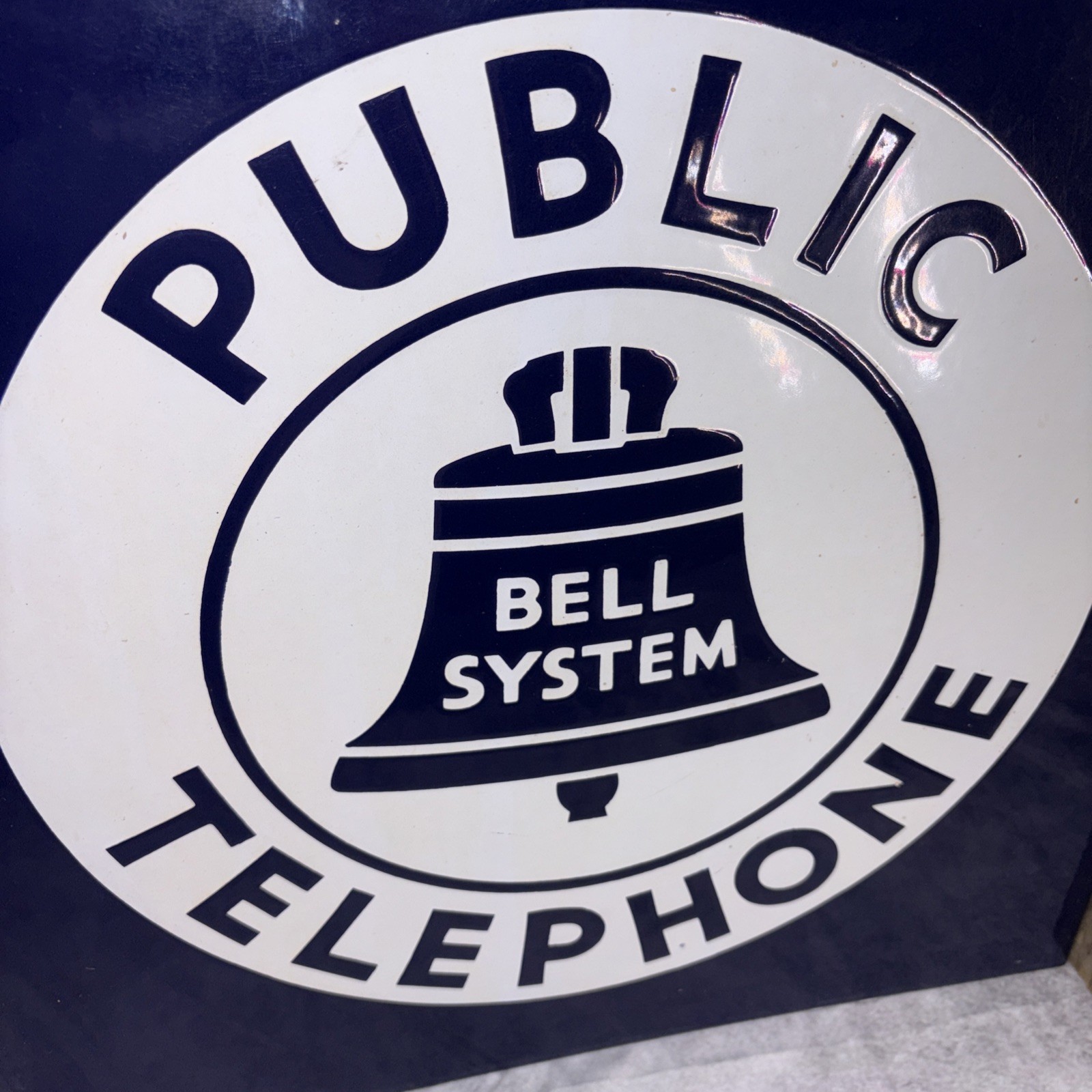 VINTAGE BELL SYSTEM PUBLIC TELEPHONE 2-SIDED PORCELAIN 18″x18″ SIGN W/2″ FLANGE