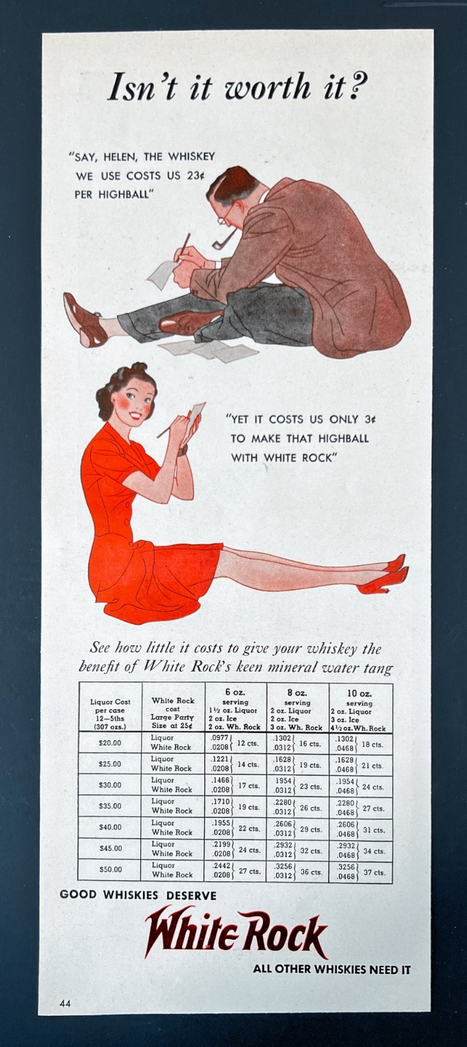 1939 Good Whiskies Deserve White Rock Keen Mineral Water Tang Vintage Print Ad