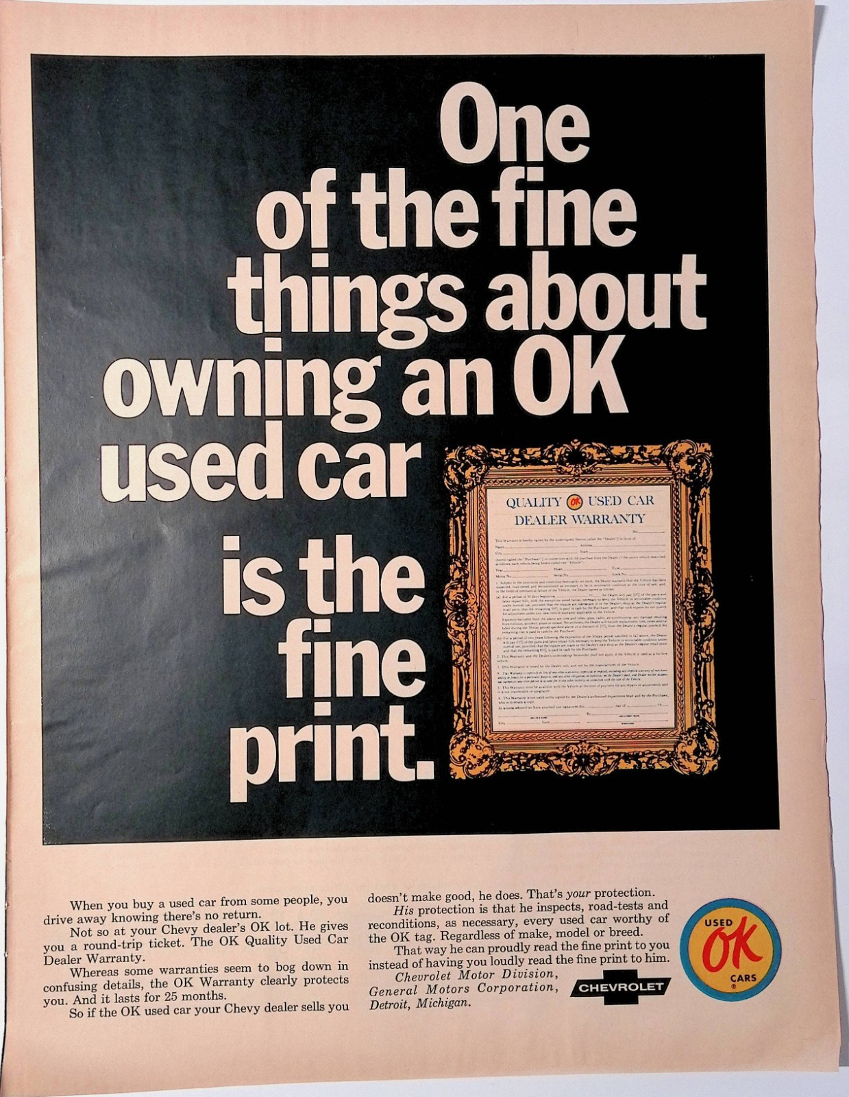 1969 owning an OK Used Car the Fine Print Chevrolet Vintage Print Ad Life June 6