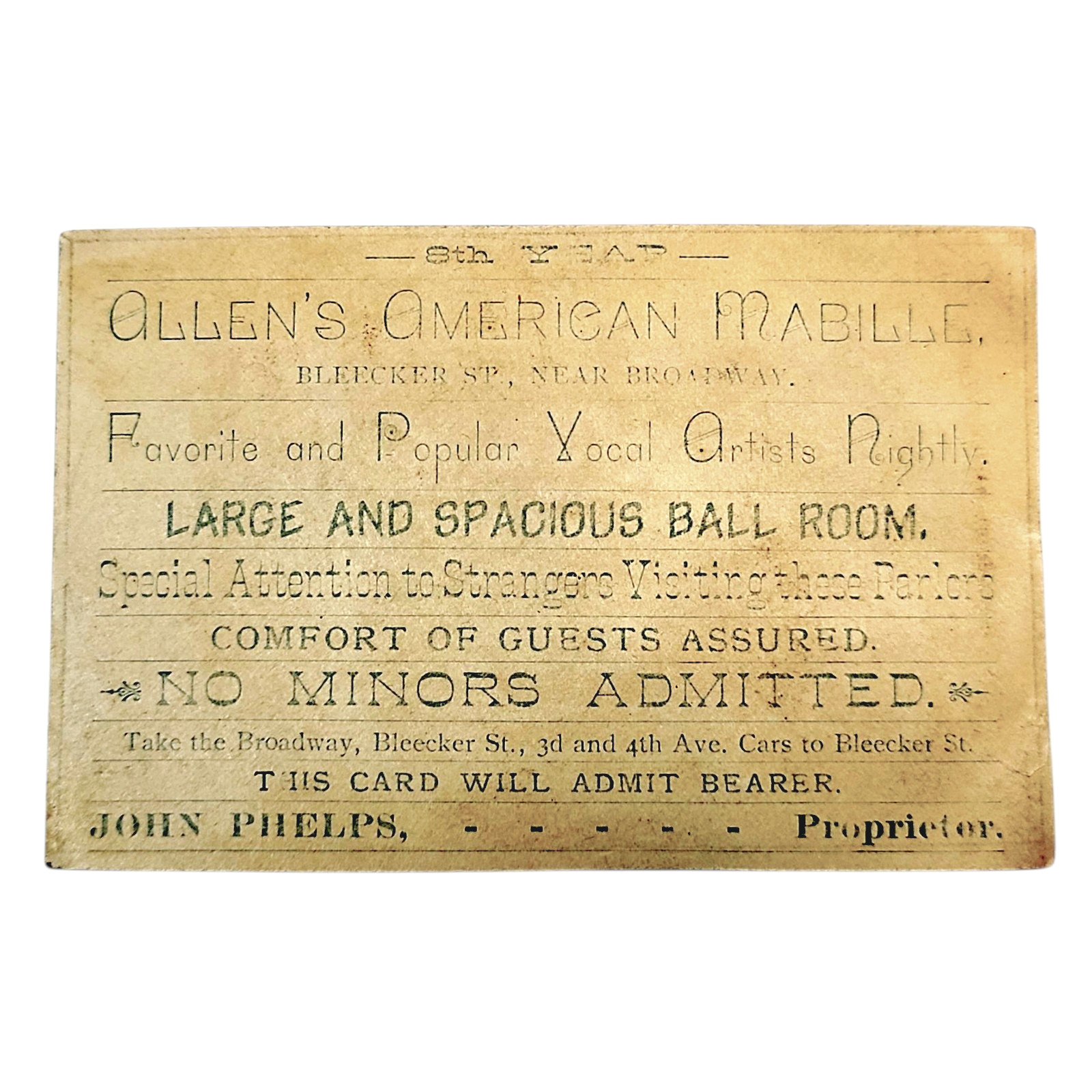Allen’s Mabille Brothel Saloon Greenwich Village New York 1880s Trade Card Vtg