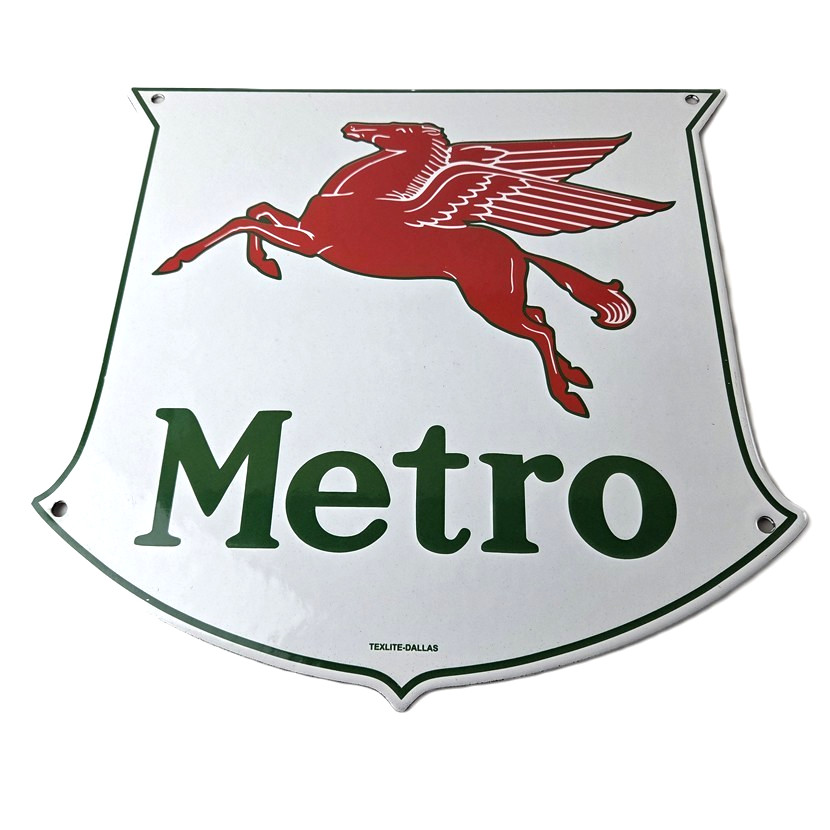 Vintage Mobil Metro Sign – Porcelain Metro Gasoline Pegasus Gas Pump Sign
