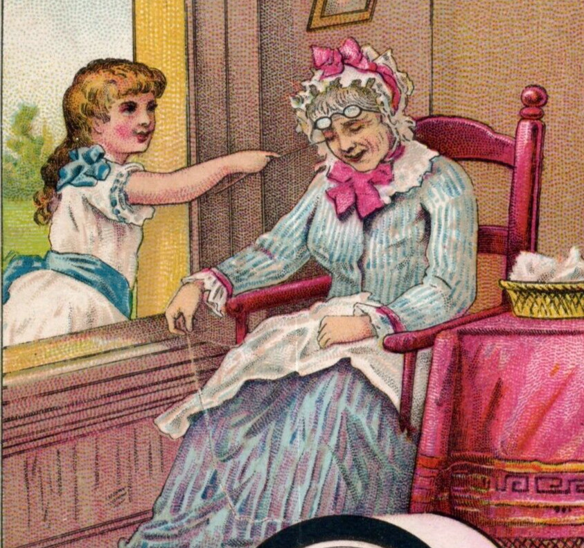 1880s Clark’s Mile-End Spool Cotton Thomas Russell Agent Old Lady Sleeping F144
