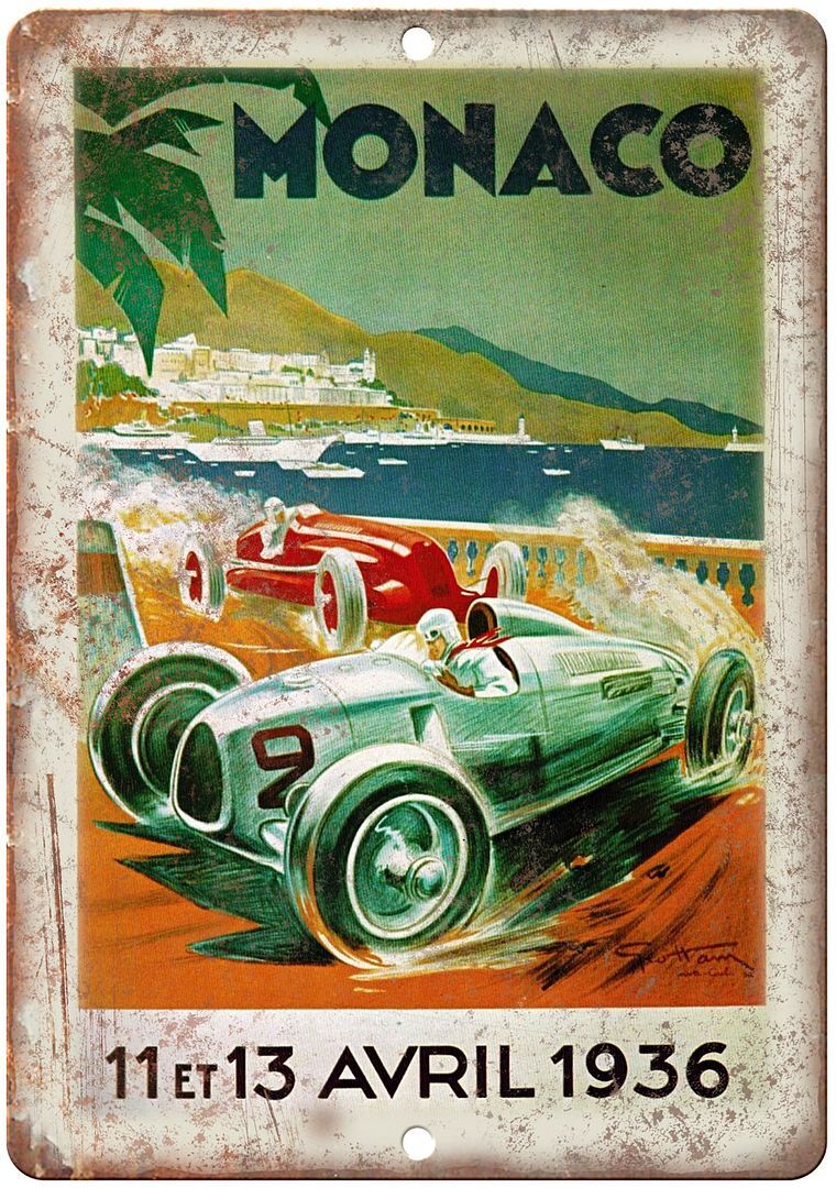 1936 Monaco Automobile Race Poster Reproduction Metal Sign A569