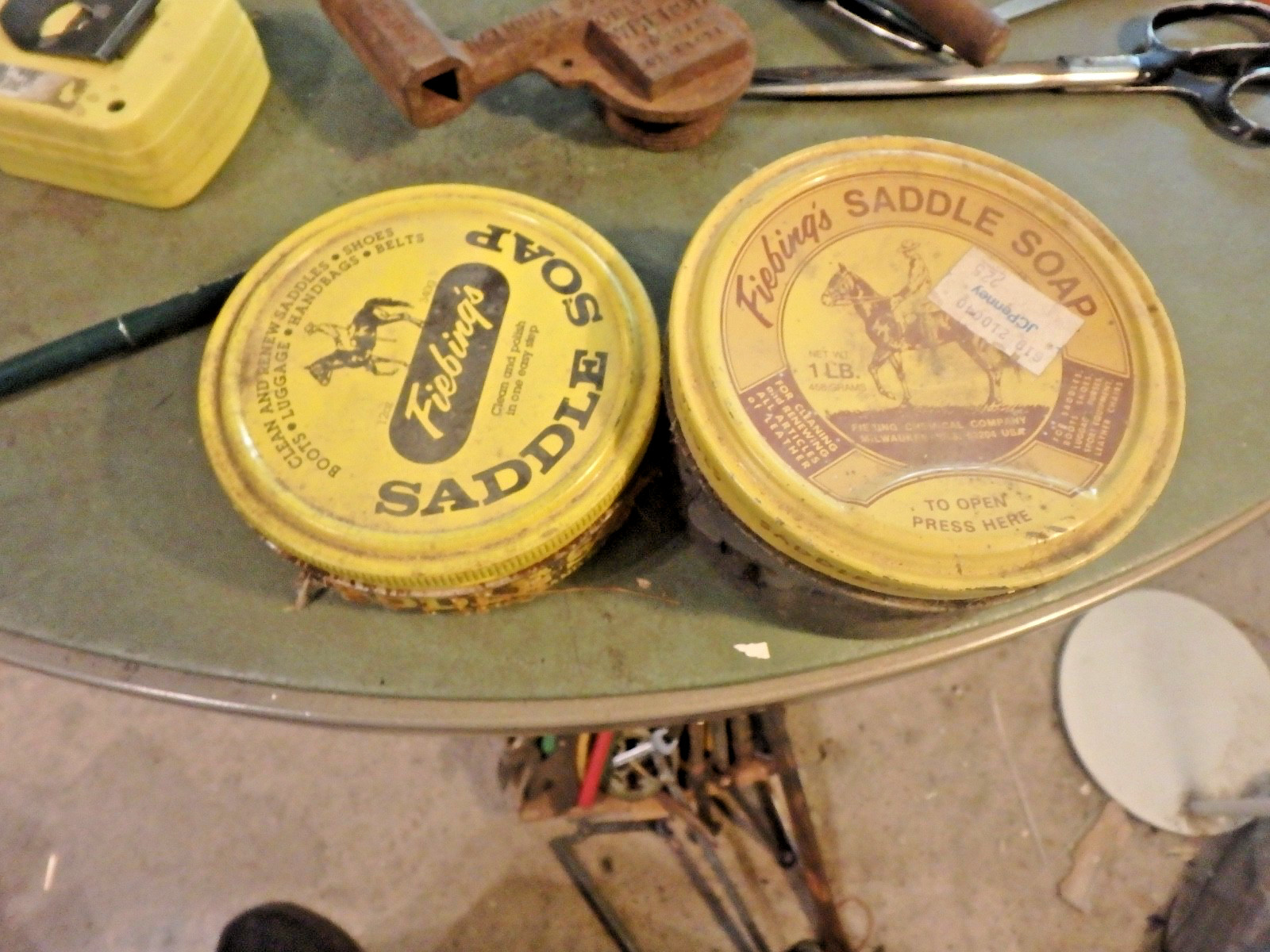 4H-vintage pair of FIEBNGS saddle soap tins- 12 oz and 1 lb with contents
