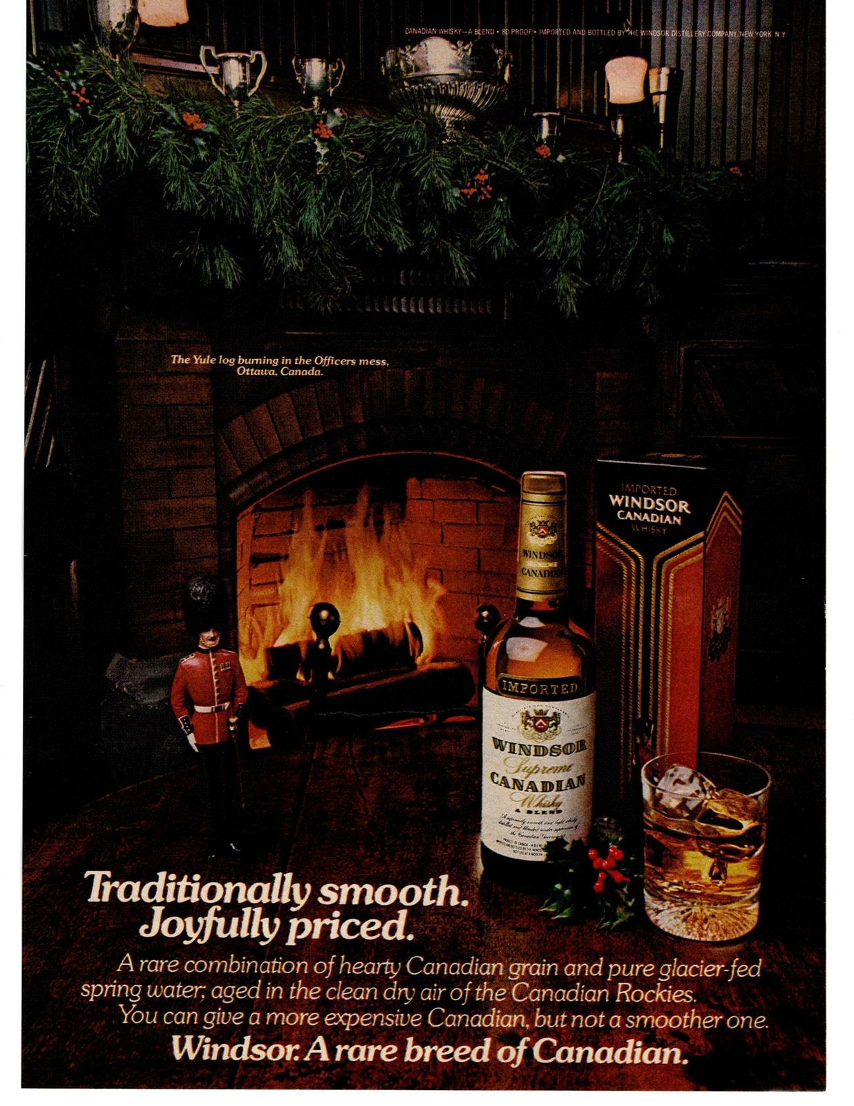 1976 Windsor A Rare Breed Of Canadian Whiskey Yule Log Ottawa Ontario Print Ad
