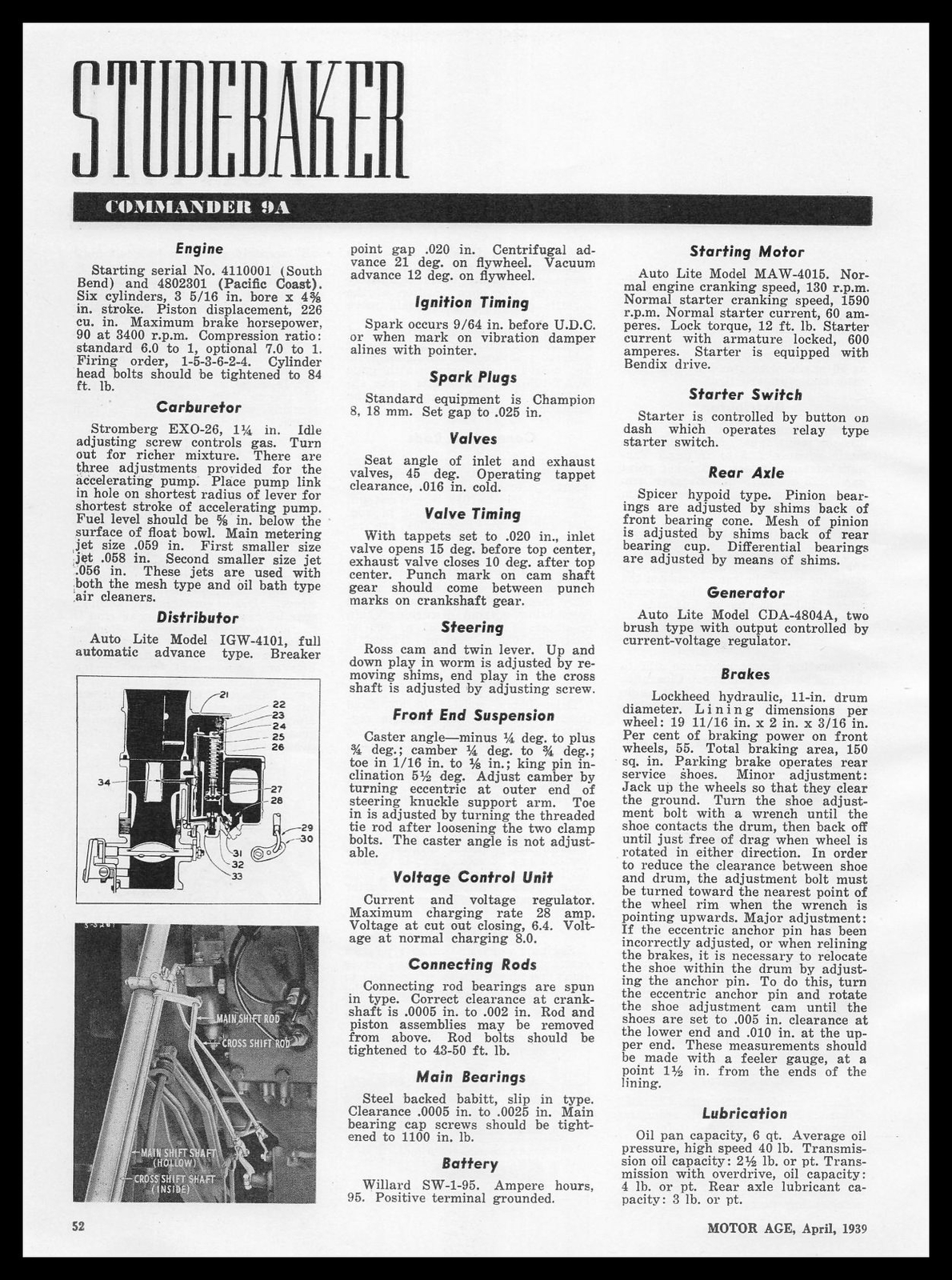 1939 Studebaker Commander 9A Car Engine Axle Brakes Gear Diagrams Specs Print Ad