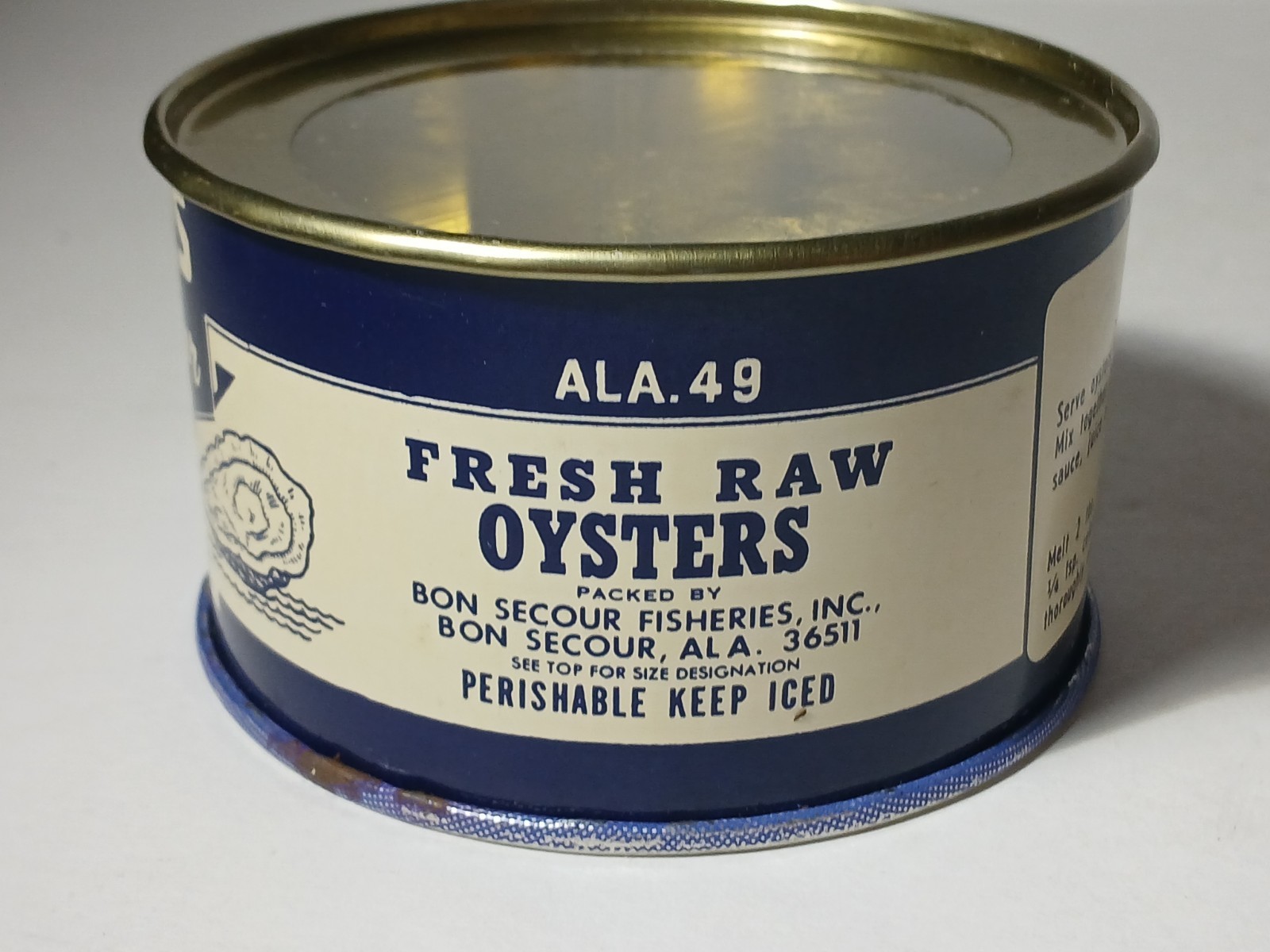 New 1960s Vintage Oyster Can Graphic Tin Can Lid Chef Graphic Bon Secour Alabama