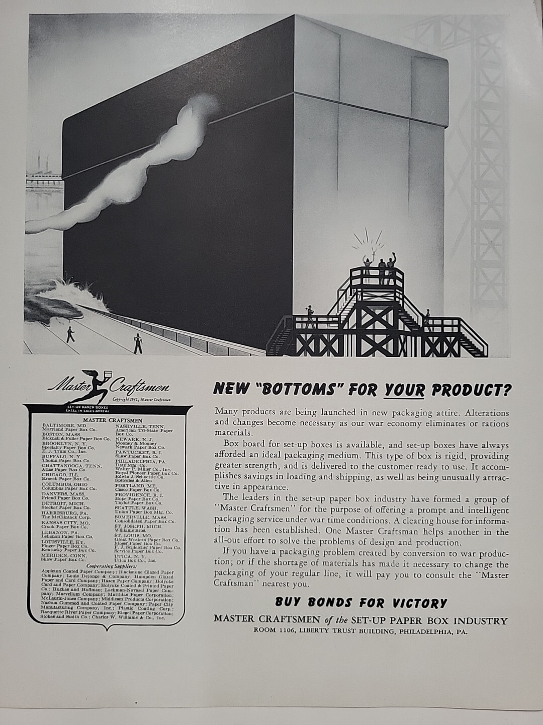 1942 Master Craftsmen of Set-Up Box Industry Fortune WW2 Print Ad Q3 War Bonds